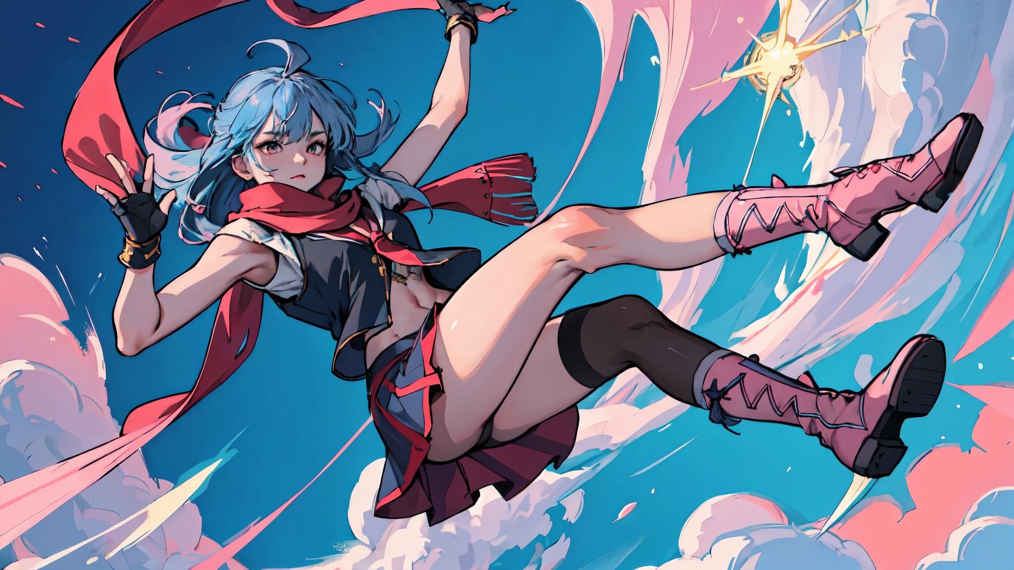 (masterpiece:1.2, best quality), (1lady, solo:1.2), ((falling)), intricate details, ((from afar)), speed lines, blue hair, long hair, red scarf, T-shirt, black vest, pink skirt, stockings, pink combat boots, falling to earth, flying through sky, clouds, sky, sun