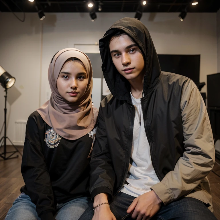 studio photo of young lovers of 2 people. 21-year-old boy with cool neat hair, 19-year-old girl wearing a hijab