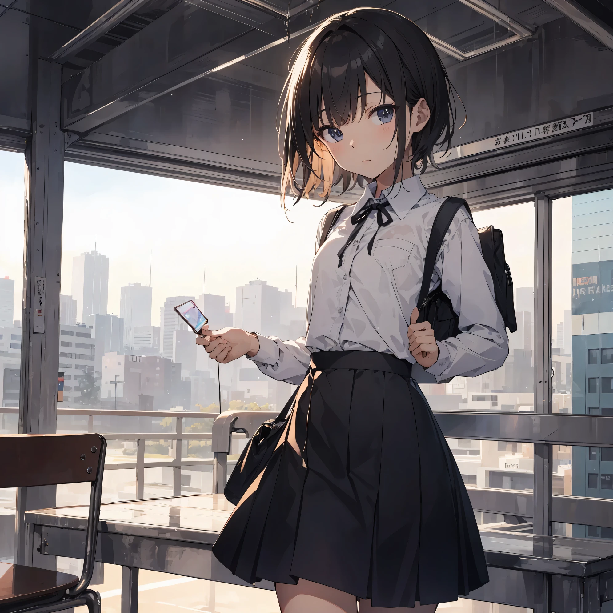 Super high quality by the art god, super detailed, High resolution,Fujiyama style, anime moe art style, best anime 8K konachan wallpaper, pixiv contest winner, perfect anatomy, break,(眠そうにalone学校へ行く女の子を描いてください. ),break, surreal high school girl, (alone,ta, , 13 y),All limbs, full finger,, androgynous charm, (very short hair), messy hair, flat chest, small ass, between legs, Small black eyes,beautiful and fine eyes, Well-proportioned iris and pupils, disgusted eyes, High resolutionの詳細な髪, wearing school uniform, (skirt), On the way to school. break,super dense skin, Best lighting by famous artists, 8K, figure,