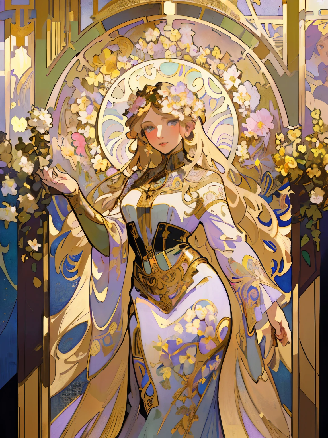 masterpiece, art deco, European woman's face portrait, long curly hair, blonde, flower frame, decorative panel, Alphonse Mucha (masterpiece, highest quality, high resolution: 1.4), detailed, intricate details, 4K, color splash, flowers