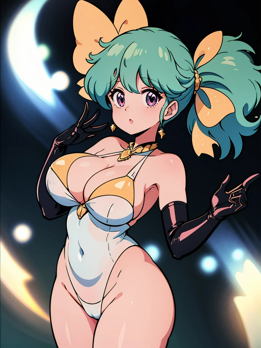 (melhor qualidade, obra-prima), 1Meninas, (corpo BBW), (celestial armor micro bikini), (cosmic girl), (glowing hair), ((Too big pink areola)),(たくさんの人に見られている),((crowd)),((street)),((outdoor)),corada, rechonchuda, Fofa, emphasis on the thighs, Pose sexy, seios grandes,