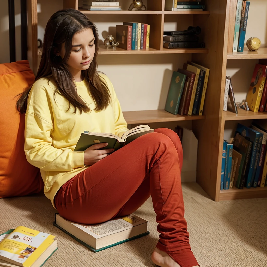 (yes SFW), a girl in red pants and yellow sweatshirt is sitting and reading a book, knees together feet apart. Behind her a bookcase.
