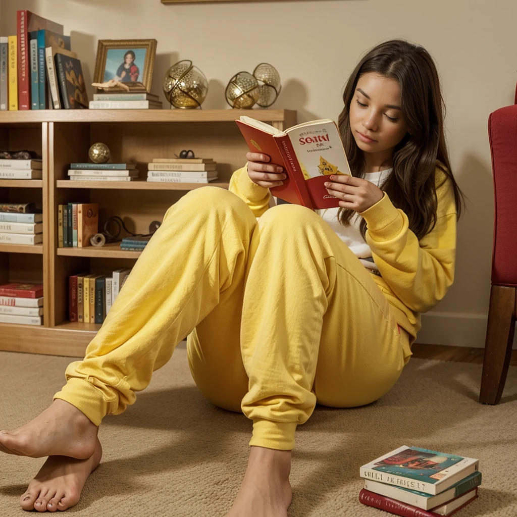 (yes SFW), a girl in red pants and yellow sweatshirt is sitting and reading a book, knees together feet apart. Behind her a bookcase.