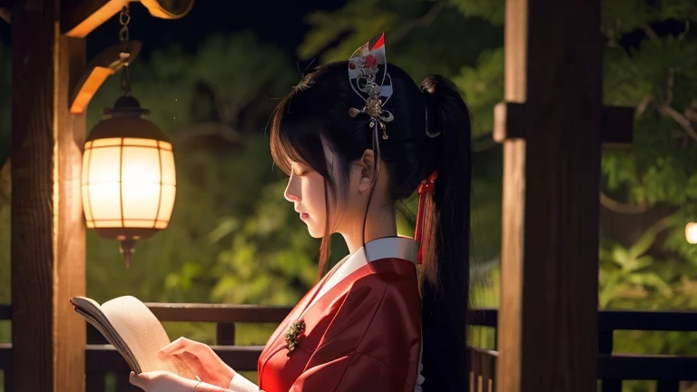 Japanese style beauty with long black hair、shrine maiden costume、Reading in the dark with my head down and my eyes closed、profile、