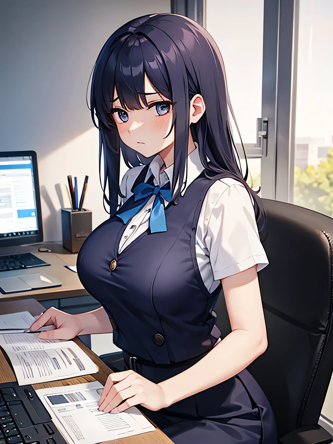 (1) a woman is working in an office.
(2) a man is talking to her、she is ignoring him.
(3) The woman is wearing a white blouse, a navy vest, and a navy blue tight skirt..
(4) The woman's expression is very cold, expressionless and unfriendly.
(5) Location、This is her office desk where she is working on her computer.。.