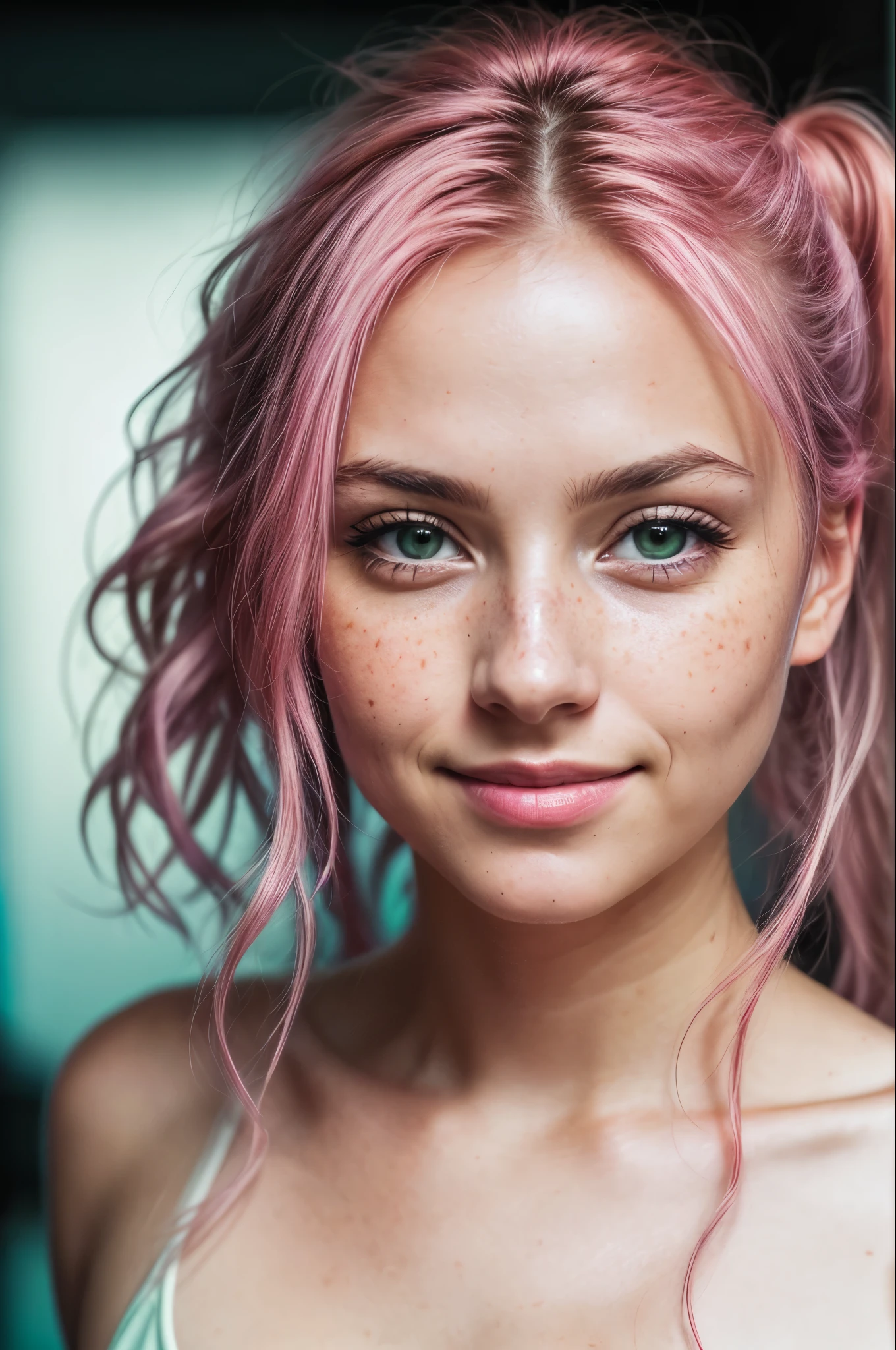 (RAW photo) night scene, close up photo of a sexy girl, posing, looking at viewer, smiling, pink hair in a ponytail, (green eyes:0.8), cute young face, 18 yo, soft volumetric lights, soft key and fill lighting, (backlit:1.3), (cinematic:1.3), intricate details, (ArtStation:1.2), skin blemishes, (freckles:0.9), detailed eyes, micro details, FUJI XT3, photorealistic, photorealism