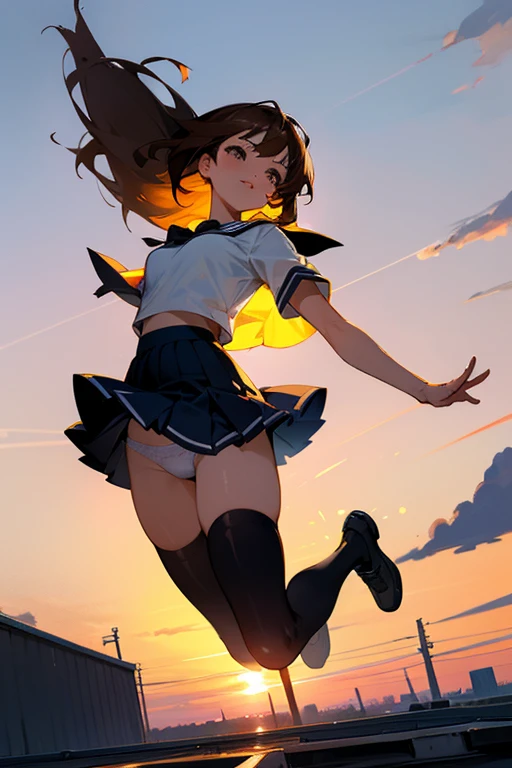 1 Asian Woman, jumping, dynamism, full body, A very beautiful and charming face, beautiful light brown hair, intense black eyes, strong eye highlights, small breasts, lip gloss, shy smile, parted lips, high school uniform, see through white shirt,navy blue short plears skirt, white lace panties, cameltoe, black stockings, zettai ryouiki, body line showing through, soft wind, sunset, on the rooftop, Camera angle looking up from below,flipping skirt, her panties sticking out in front .
