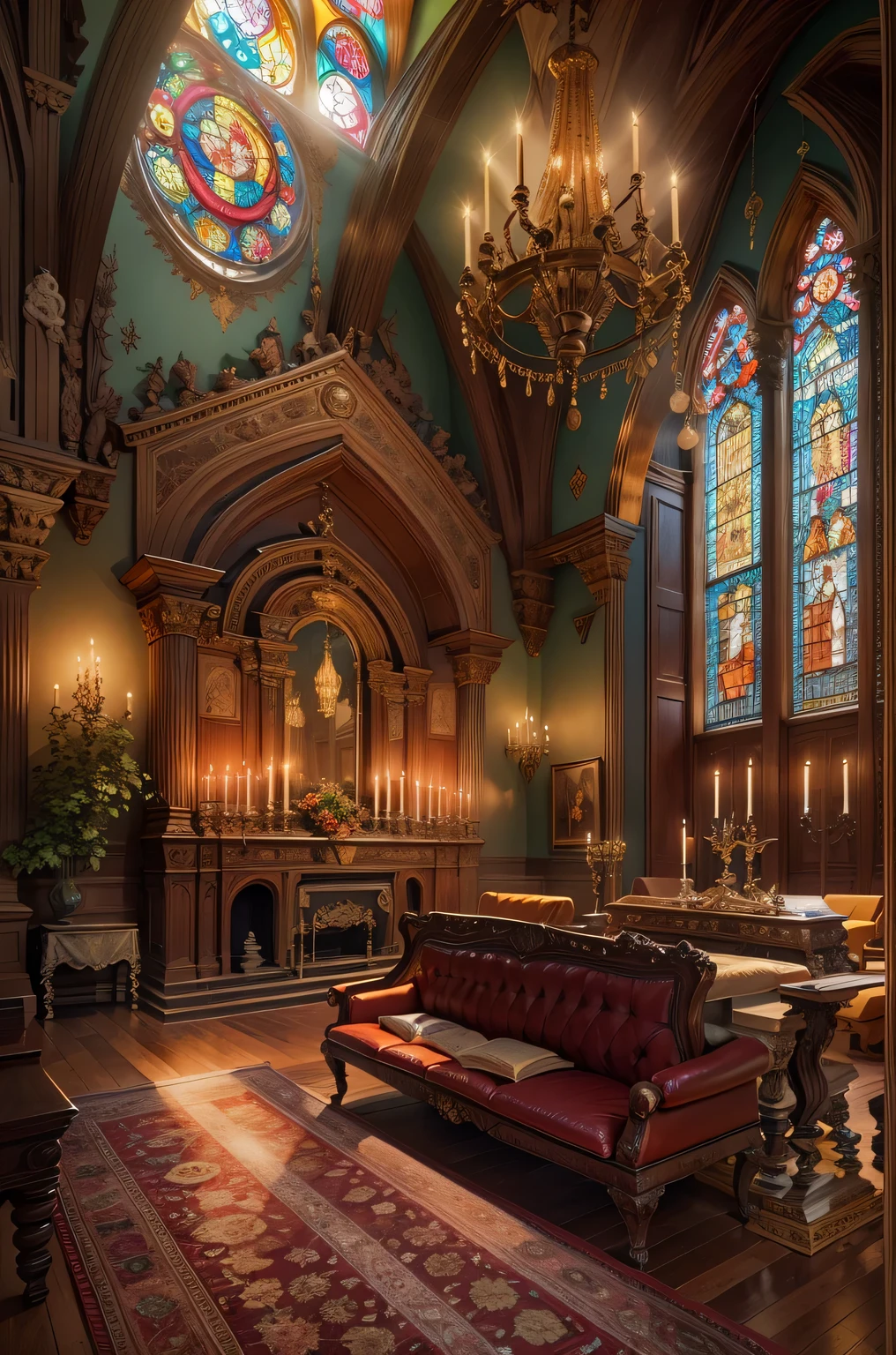 church style living room,(best quality,4K,8k,high resolution,masterpiece:1.2),Super detailed,(actual,photoactual,photo-actual:1.37),warm light,wooden floor,ornate fireplace,cathedral ceiling,Large stained glass windows,high arch,Exquisite wooden furniture,antique chandelier,elegant wall light,Detailed carvings and engravings,Soft velvet curtains,Warm colors、richly patterned rug,Historical Painting and Religious Art,Comfortable upholstered chairs,Carved wooden coffee table,Altar in the corner,Peaceful and tranquil atmosphere,religious icons and statues,Candles flicker in dim light,Bookshelf filled with leather bound books,Tranquil sacred music plays in the background,Sunlight shines through stained glass windows,peaceful atmosphere.