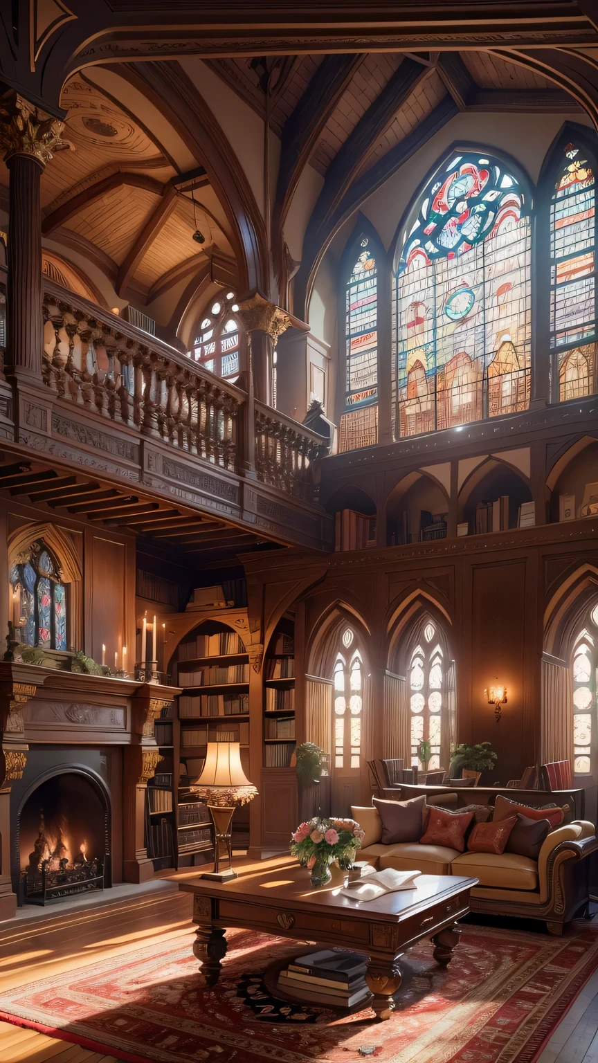 church style living room,(best quality,4K,8k,high resolution,masterpiece:1.2),Super detailed,(actual,photoactual,photo-actual:1.37),warm light,wooden floor,ornate fireplace,cathedral ceiling,Large stained glass windows,high arch,Exquisite wooden furniture,antique chandelier,elegant wall light,Detailed carvings and engravings,Soft velvet curtains,Warm colors、richly patterned rug,Historical Painting and Religious Art,Comfortable upholstered chairs,Carved wooden coffee table,Altar in the corner,Peaceful and tranquil atmosphere,religious icons and statues,Candles flicker in dim light,Bookshelf filled with leather bound books,Tranquil sacred music plays in the background,Sunlight shines through stained glass windows,peaceful atmosphere.