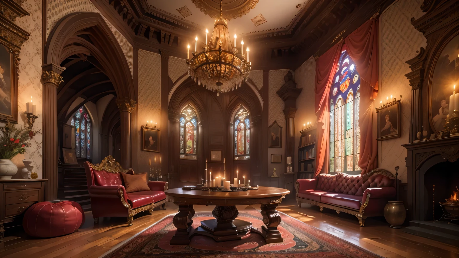 church style living room,(best quality,4K,8k,high resolution,masterpiece:1.2),Super detailed,(actual,photoactual,photo-actual:1.37),warm light,wooden floor,ornate fireplace,cathedral ceiling,Large stained glass windows,high arch,Exquisite wooden furniture,antique chandelier,elegant wall light,Detailed carvings and engravings,Soft velvet curtains,Warm colors、richly patterned rug,Historical Painting and Religious Art,Comfortable upholstered chairs,Carved wooden coffee table,Altar in the corner,Peaceful and tranquil atmosphere,religious icons and statues,Candles flicker in dim light,Bookshelf filled with leather bound books,Tranquil sacred music plays in the background,Sunlight shines through stained glass windows,peaceful atmosphere.