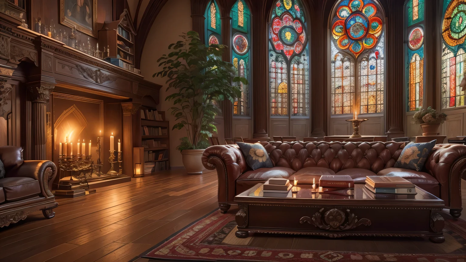 church style living room,(best quality,4K,8k,high resolution,masterpiece:1.2),Super detailed,(actual,photoactual,photo-actual:1.37),warm light,wooden floor,ornate fireplace,cathedral ceiling,Large stained glass windows,high arch,Exquisite wooden furniture,antique chandelier,elegant wall light,Detailed carvings and engravings,Soft velvet curtains,Warm colors、richly patterned rug,Historical Painting and Religious Art,Comfortable upholstered chairs,Carved wooden coffee table,Altar in the corner,Peaceful and tranquil atmosphere,religious icons and statues,Candles flicker in dim light,Bookshelf filled with leather bound books,Tranquil sacred music plays in the background,Sunlight shines through stained glass windows,peaceful atmosphere.