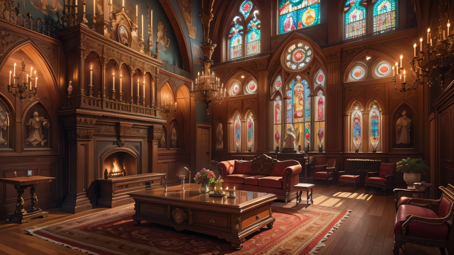 church style living room,(best quality,4K,8k,high resolution,masterpiece:1.2),Super detailed,(actual,photoactual,photo-actual:1.37),warm light,wooden floor,ornate fireplace,cathedral ceiling,Large stained glass windows,high arch,Exquisite wooden furniture,antique chandelier,elegant wall light,Detailed carvings and engravings,Soft velvet curtains,Warm colors、richly patterned rug,Historical Painting and Religious Art,Comfortable upholstered chairs,Carved wooden coffee table,Altar in the corner,Peaceful and tranquil atmosphere,religious icons and statues,Candles flicker in dim light,Bookshelf filled with leather bound books,Tranquil sacred music plays in the background,Sunlight shines through stained glass windows,peaceful atmosphere.