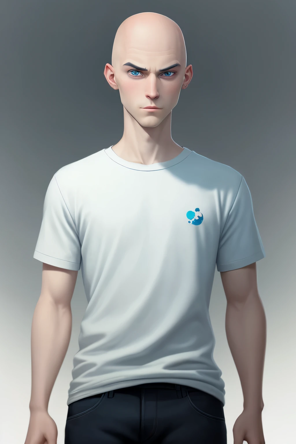 Meet Alex, a bald 25-year-old guy with piercing blue eyes and pale skin. He is casually dressed in a white and blue T-shirt, standing in the middle of a simple white background. With Pixar's signature cartoon style, Alex's features are highly detailed and expressive. Despite his serious look, his eyes radiate a hidden sense of curiosity and adventure.