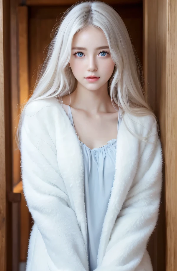 １４Caucasian model at the , 両脚でFull body photo standing,（(Clean clothes)), wearing fluffy clothes, Natural light, Pretty Caucasian Woman, white hair, bright smile, (8K, Live shooting, highest quality, masterpiece: 1.2), masterpiece, super detail, , High-definition RAW color photo, Full body photo standing, , , , , highly detailed eyes, realistic skin texture, highly detailed fingers, very detailed nose, highly detailed mouth, , Photo above the knee, , See-through feeling、Transparent processing、wear fluffy clothes、, White hair, Blue eyes, masterpiece, realistic skin texture, , shiny hair and white skin, 、 natural skin texture,  A young woman who looks like a girl,  Photo above the knee、Blue eyes,  、lowered eyebrows,  innocent face,  Eyes that look gentle,  natural skin texture, round face,  Kind eyes, long and pure white beautiful hair、, small face,  No decorations attached,  white, drooping eyebrows,  Mont Blanc, white, drooping eyebrows、Eyes with sparkle、Both eyes are the same shape and size、wearing night clothes