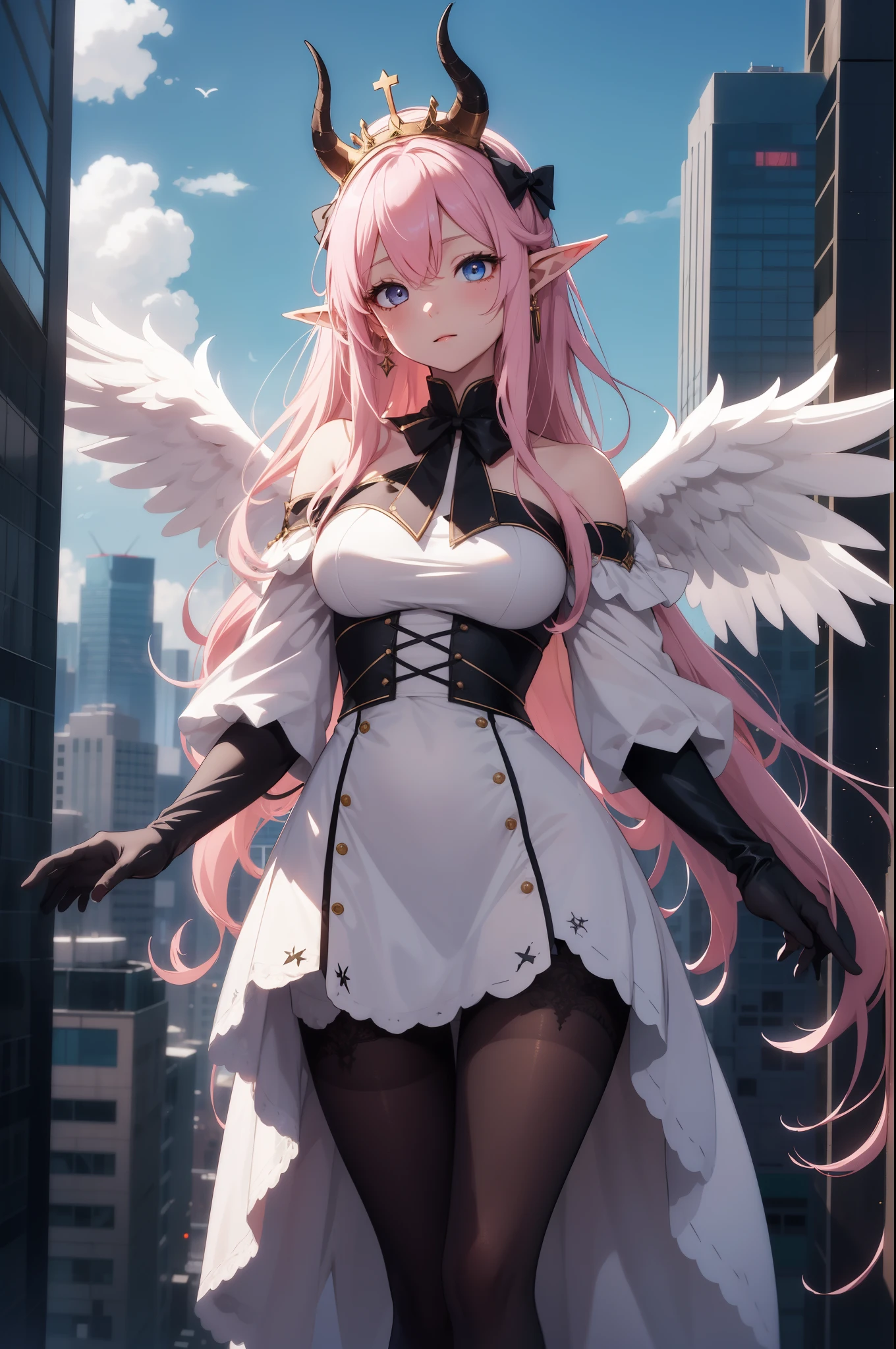 giant girl 50,000 feet high，Weight 1000kg，Has a pair of long legs，Open your eyes wide，Has three pairs of huge white angel wings，With huge devil horns on his head，crown on head，Elf wearing white earrings，She has long pink hair that reaches her feet，loose hair，Pink wavy long curly hair，Wearing a pair of black boots，White sleeves，Wearing white lace pantyhose，Pantyhose with bow and star decorations，白色蕾丝whole body，Standing on a tall building in the city，Destroying the city，Beautiful appearance，Exquisite makeup，quality，8k，高quality，Perfect proportion, Cinema lighting，film grain，Fuji colors，8k，textured skin，Super details，high detail，high resolution，charming，blood stains，脚底有blood stains，whole body，Obese，elf princess，feather，flowers