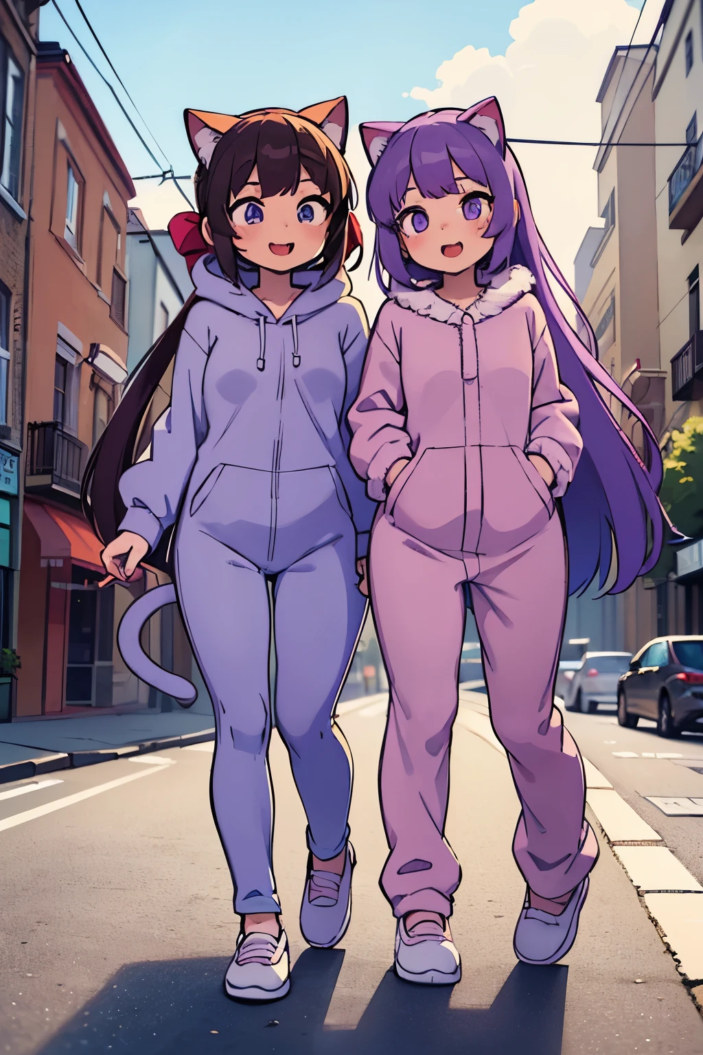 ((Masterpiece)), ((best quality)), (Girls of different heights), (super detailed), (Professional Photography:1.2), (2girls), Happy atmosphere, exposed tongue, (cute walking on road), open mouth and laughing, cute, (put on cat ears), messy long ponytail, pale purple hair, cute eyes, ((cat in fluffy onesie)), cityscape, high res, ((beautiful eyes)),