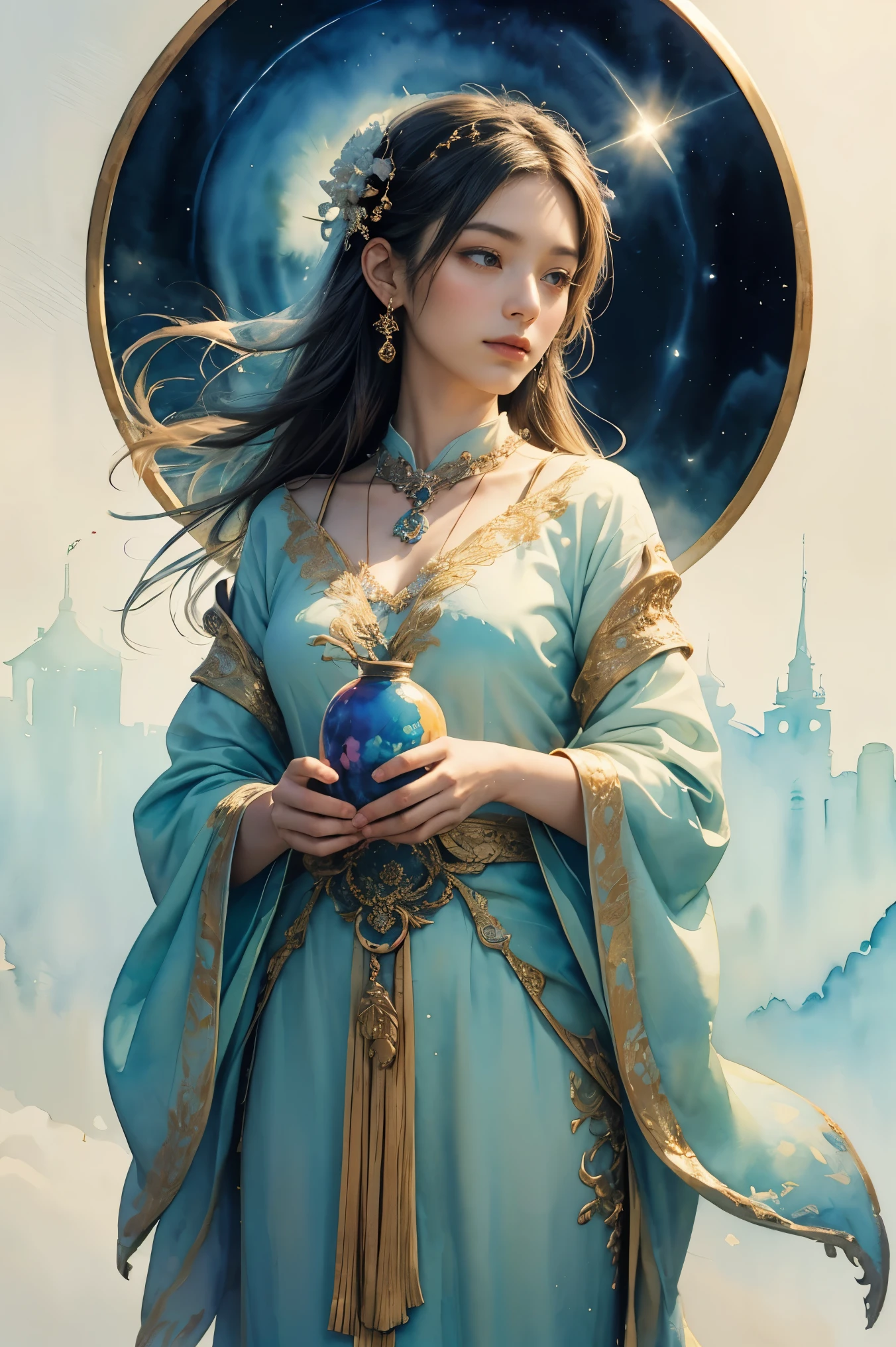 (table top, highest qualityの, highest quality, official art, (beautiful and aesthetic:1.4), (watercolor painting:1.4) ),  (Banjakuhime 1.5), Goddess of Japan mythology, Dignified beauty, Star Goddess、Goddess of the night sky、In general、((((In general))))、Support for samsara, God's Grace, Gentle and meditative expression, Flowing Celestial Garments, shine、Brought peace and a bountiful harvest to everyone on earth, Soar up to the starry sky, Whispers of ancient lore、(((Are standing)))