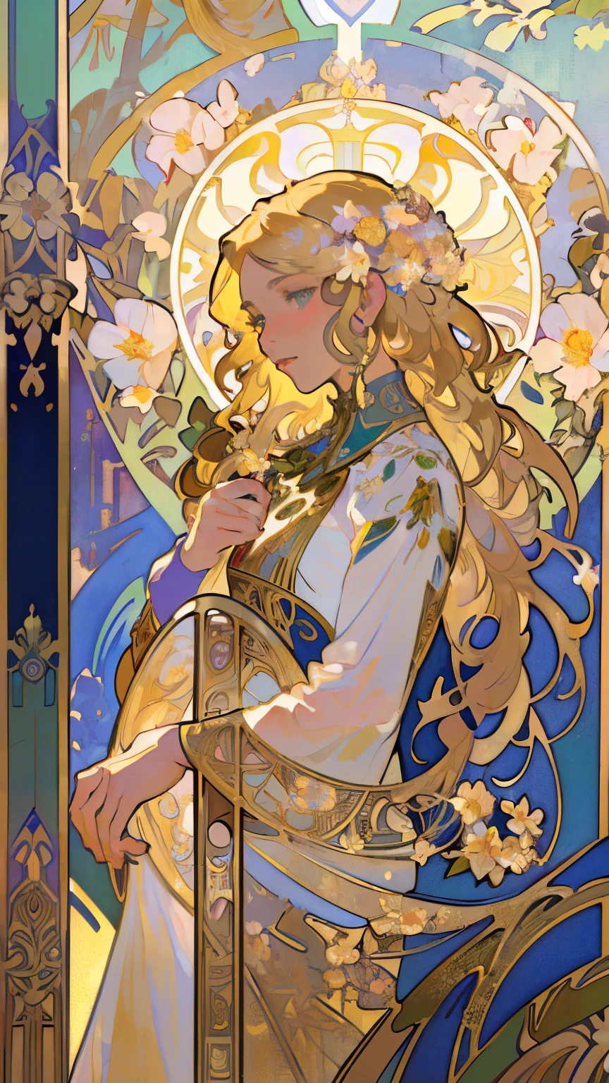 masterpiece, art deco, European woman's face portrait, long curly hair, blonde, flower frame, decorative panel, Alphonse Mucha (masterpiece, highest quality, high resolution: 1.4), detailed, intricate details, 4K, color splash, flowers