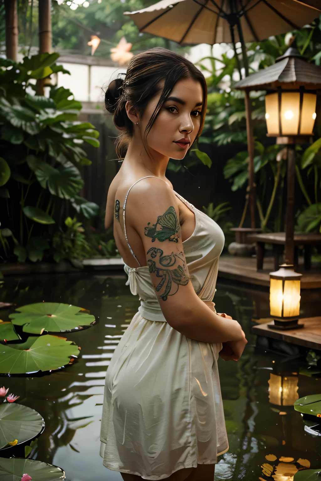Movie stills, realistic photography, Vintage Style,looking for viewers,bird&#39;s eye view, front view,Women with tattoos and light and airy fabrics, Rain showers,  In a pond surrounded by lotus flowers and lanterns.  She tied her hair into a bun..Katana