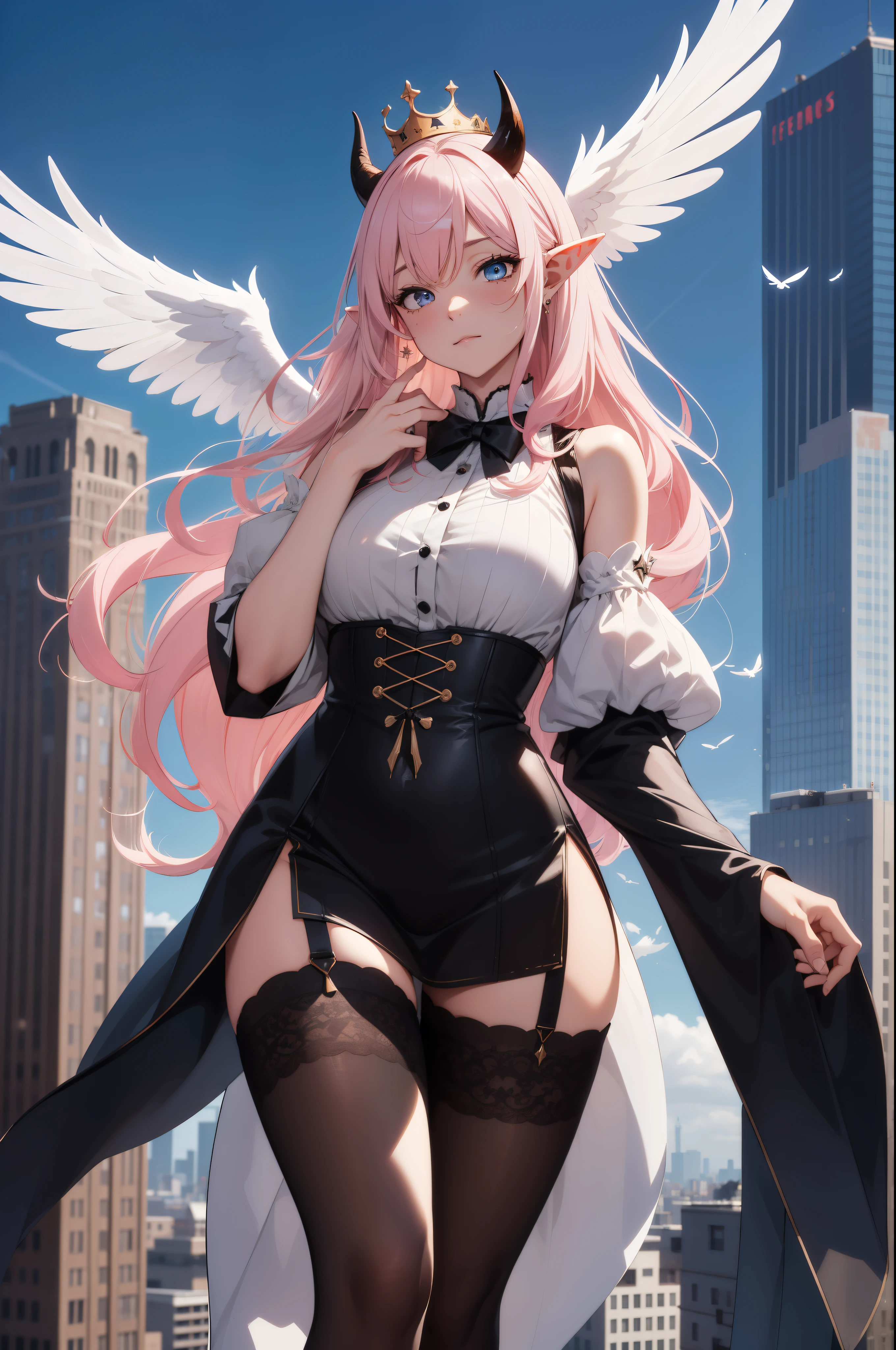 giant girl 50,000 feet high,Weight 1000kg,Have a pair of long legs,Keep your eyes open,Has three pairs of huge white angel wings,With huge devil horns on his head,wear a crown on your head,Elf wearing white earrings,She has long pink hair that reaches her feet,loose hair,Pink wavy long curly hair,Wearing a pair of black boots on her feet,white sleeves,Wearing white lace pantyhose,Bow and star embellished tights,白色蕾丝whole body,Stand on the tall buildings of the city,Destroy cities,Beautiful appearance,Exquisite makeup,quality,8k,高quality,Perfect proportion, Cinema lighting,film grain,Fuji colors,8k,textured skin,Super details,high detail,high resolution,charming,blood stains,脚底有blood stains,whole body,fat,elf princess,feather,flowers