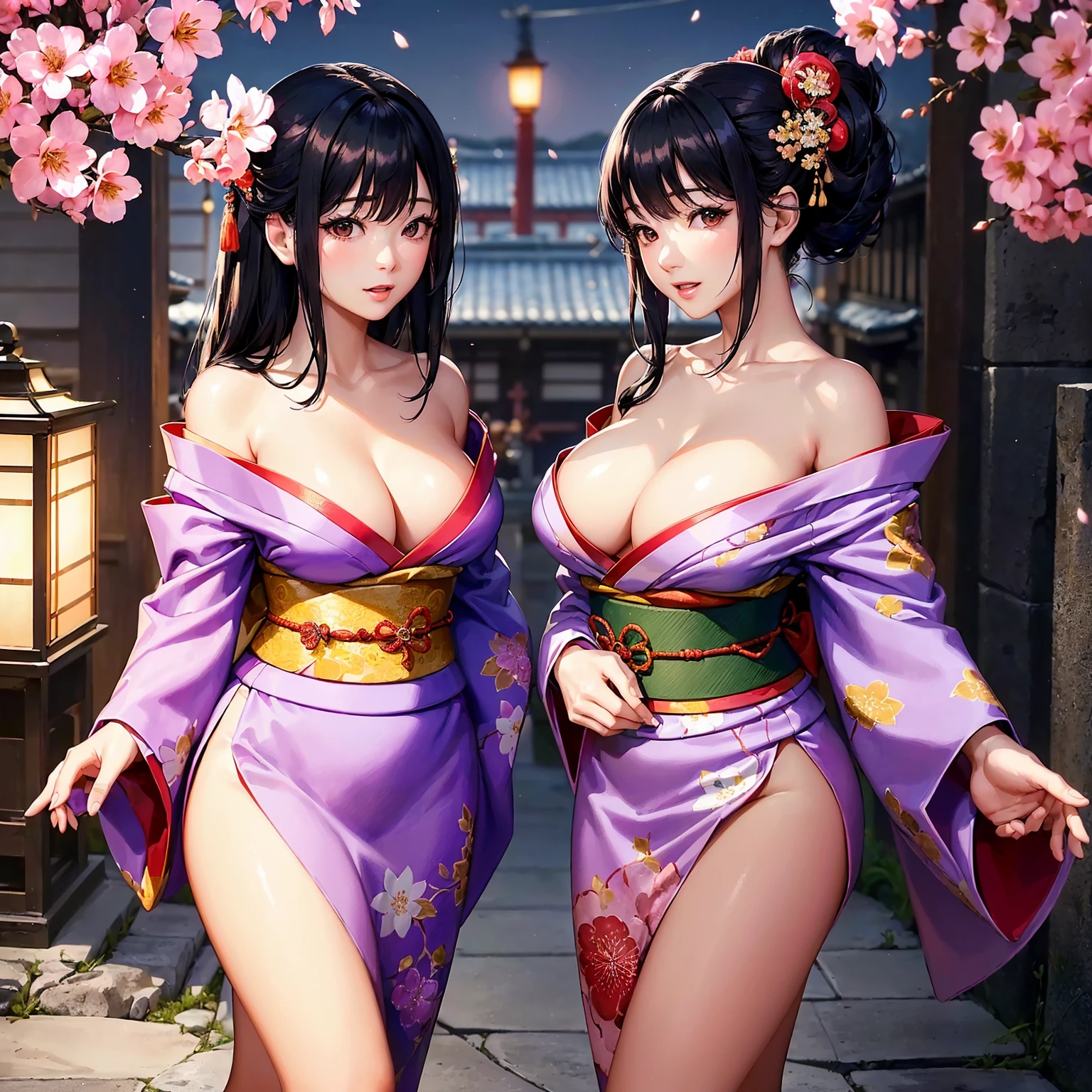 (((highest quality、masterpiece、very high resolution))),(A woman of perfect and ultimate beauty,beautiful figure,beautiful face,beautiful skin,beautiful breasts),(nice smile,open your mouth,cheeks are red),(beautiful black hair,japanese hair,best hair texture),(beautiful breasts:F cup,Best skin texture),((wearing a beautiful Japanese kimono,red kimono,purple kimono,Black kimono,Pink kimono,floral kimono)),(There is a sense of dynamism,the wind is blowing,Kimono and hair are affected by the wind、Japanese garden:Night cherry blossoms and lanterns、mysterious night sky、beautiful scenery)、(model style,model shoot),(Overall image、accurate image、Detailed images、accurate anatomy、Image without defects、Natural light、beautiful images、非常にDetailed images、Perfect Image 1.5)、(best shot,RAW photo)、Realistic portraits,bijinga,Yamato Nadeshiko,Japanese clothing,