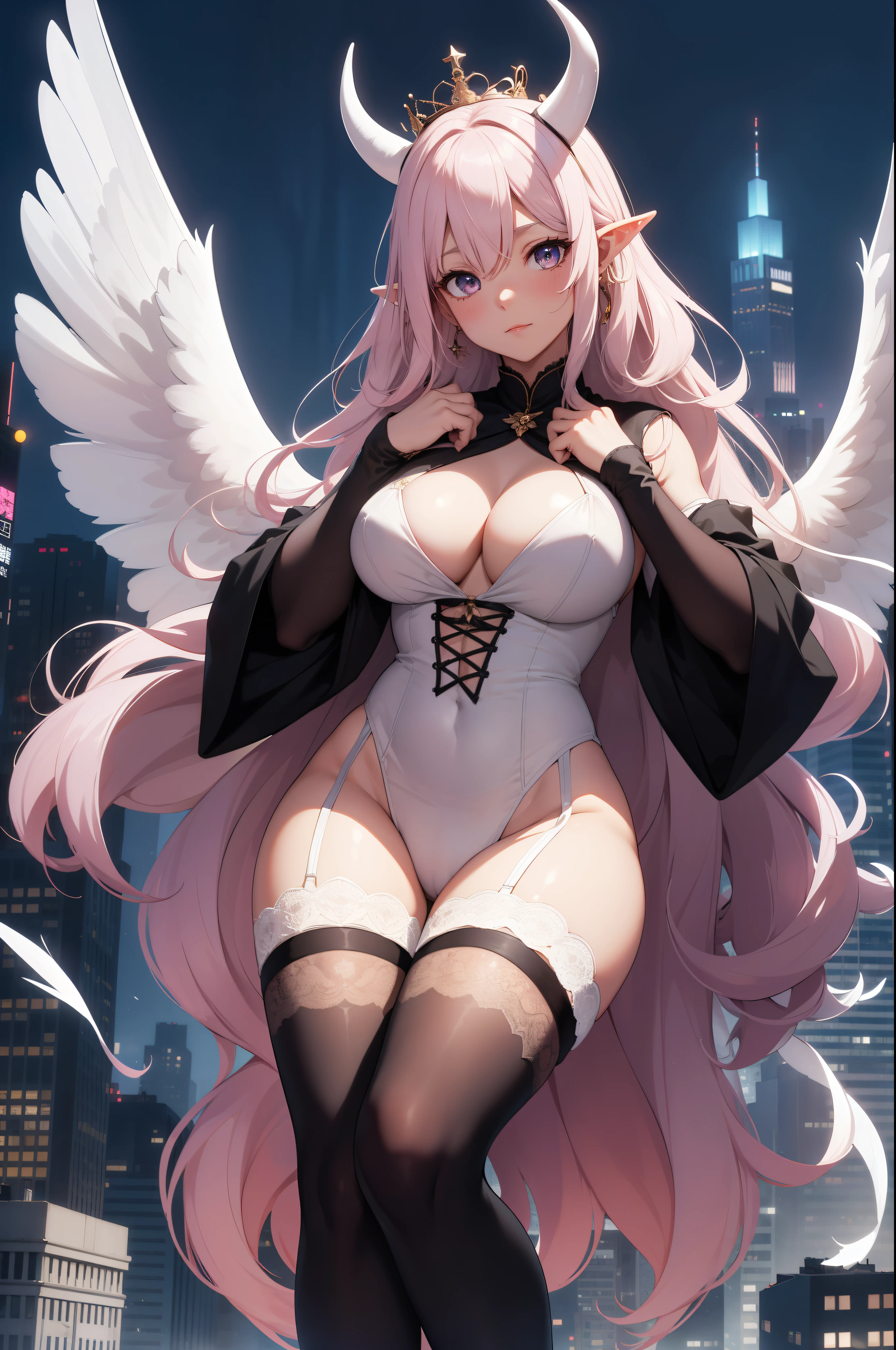 giant girl 50,000 feet high,Weight 1000kg,Have a pair of long legs,Keep your eyes open,Has three pairs of huge white angel wings,With huge devil horns on his head,wear a crown on your head,Elf wearing white earrings,She has long pink hair that reaches her feet,loose hair,Pink wavy long curly hair,Wearing a pair of black boots on her feet,white sleeves,Wearing white lace pantyhose,Bow and star embellished tights,白色蕾丝whole body,Stand on the tall buildings of the city,Destroy cities,Beautiful appearance,Exquisite makeup,quality,8k,高quality,Perfect proportion, Cinema lighting,film grain,Fuji colors,8k,textured skin,Super details,high detail,high resolution,charming,blood stains,脚底有blood stains,whole body,fat,elf princess,feather,flowers
