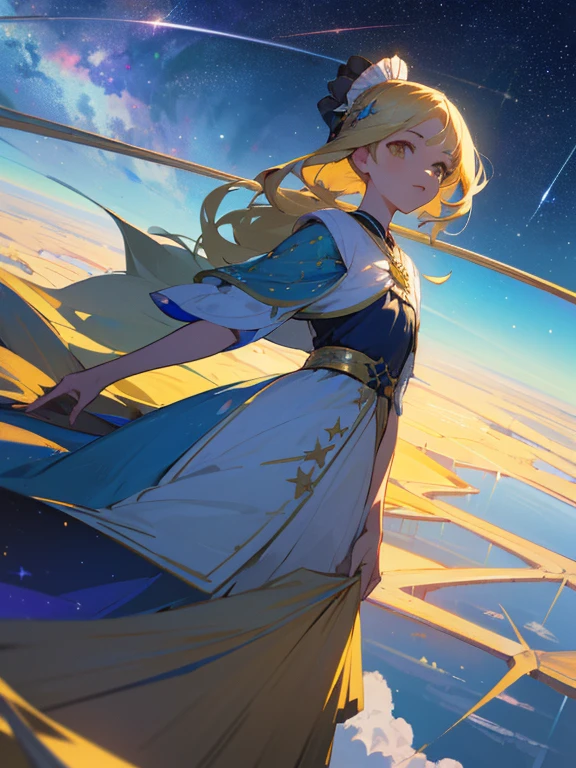 fondo de pantalla, Ridiculous resolution, high resolution, (obra maestra:1.4), Super detailed, estrellas, visto desde arriba, espacio, flotante, noche, Delicado loght azul, --a las 6