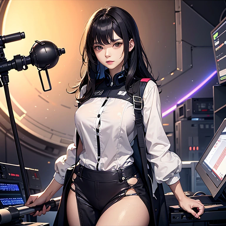 1girll,Black color hair,Twist braids,Qi bangs,red pupils,Round glasses,beauitful face,crisp breasts,Convex buttocks,in a white shirt,red necktie,Black suit,White heels,There are floating missile-launching weapons on the sides of the body,sci-fy,cyber punk perssonage,perfectly proportioned, Cinematic lighting, filmgrain, Fuji colors, lightand shade contrast, 8K, 巨作, Textured skin, Super detail, high detal, High quality, A high resolution,