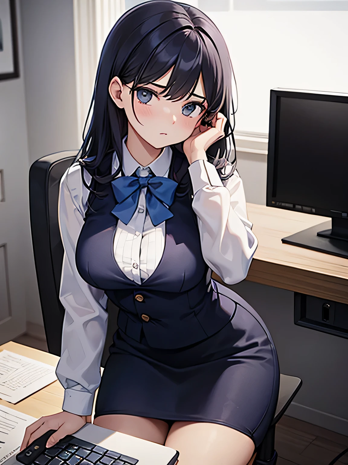 (1) a woman is working in an office.
(2) a man is talking to her、she is ignoring him.
(3) The woman is wearing a white blouse, a navy vest, and a navy blue tight skirt..
(4) The woman's expression is very cold, expressionless and unfriendly.
(5) Location、This is her office desk where she is working on her computer.。.