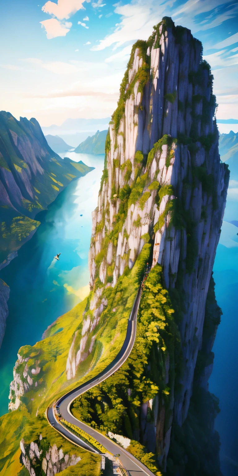 masterpiece, best quality, high quality, Very detailed CG unity 8k wallpaper, landscape, outdoor, sky空, cloud, sky, no humans, Mountain, landscape, water, Tree, blue sky空, waterfall, cliff, nature, lake, river, cloudy sky空,Award-winning photography, Bokeh, depth of field, human development report, bloom, Color difference ,lifelike,Very detailed, Popular topics on Artstation, CGSociety's Hot Topics, complex, high detail, dramatic, midway art