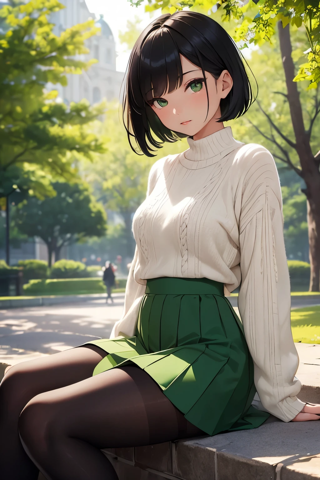 masterpiece, beautiful detail, beautiful light and shadow, 1 asian girl, beautiful black bangs, short hair, beautiful green eyes, knitted high-waist long skirt, sweather, pantyhose, loafers, small breasts, looking at the viewer, park during day, blurred background with an hint of tree