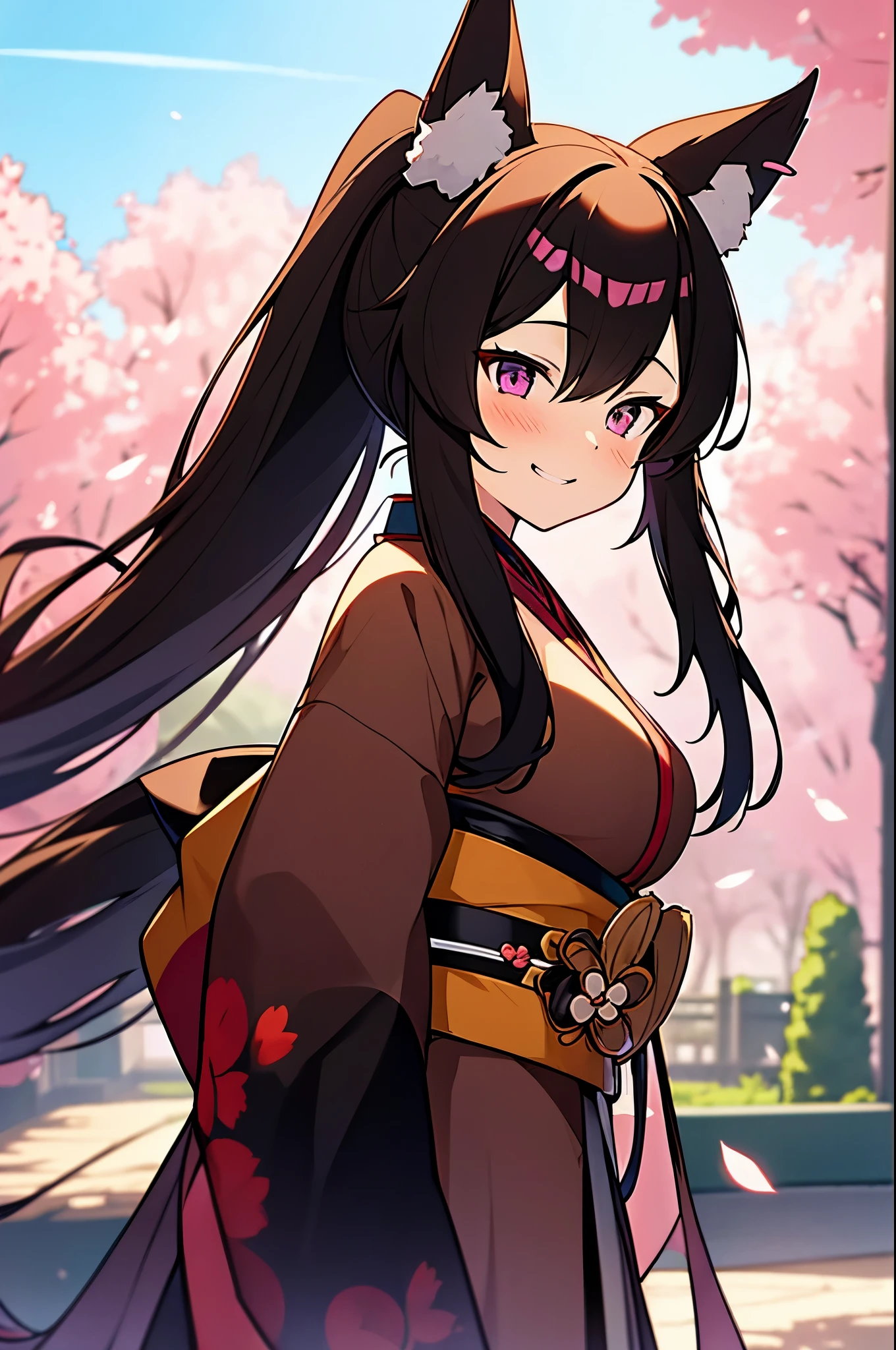 animal ears, 1girl,huge breast,dynamic angle,dutch angle, japanese clothes, kimono, long hair, fox ears, fang, purple eyes,wide sleeves, bangs, long sleeves, blush, sleeves past wrists, solo, sash, very long hair, looking at viewer, hagoromo, cloud, shawl, white kimono, obi, (fighting stance:1.2),fire, grin,long brown ponytail hair