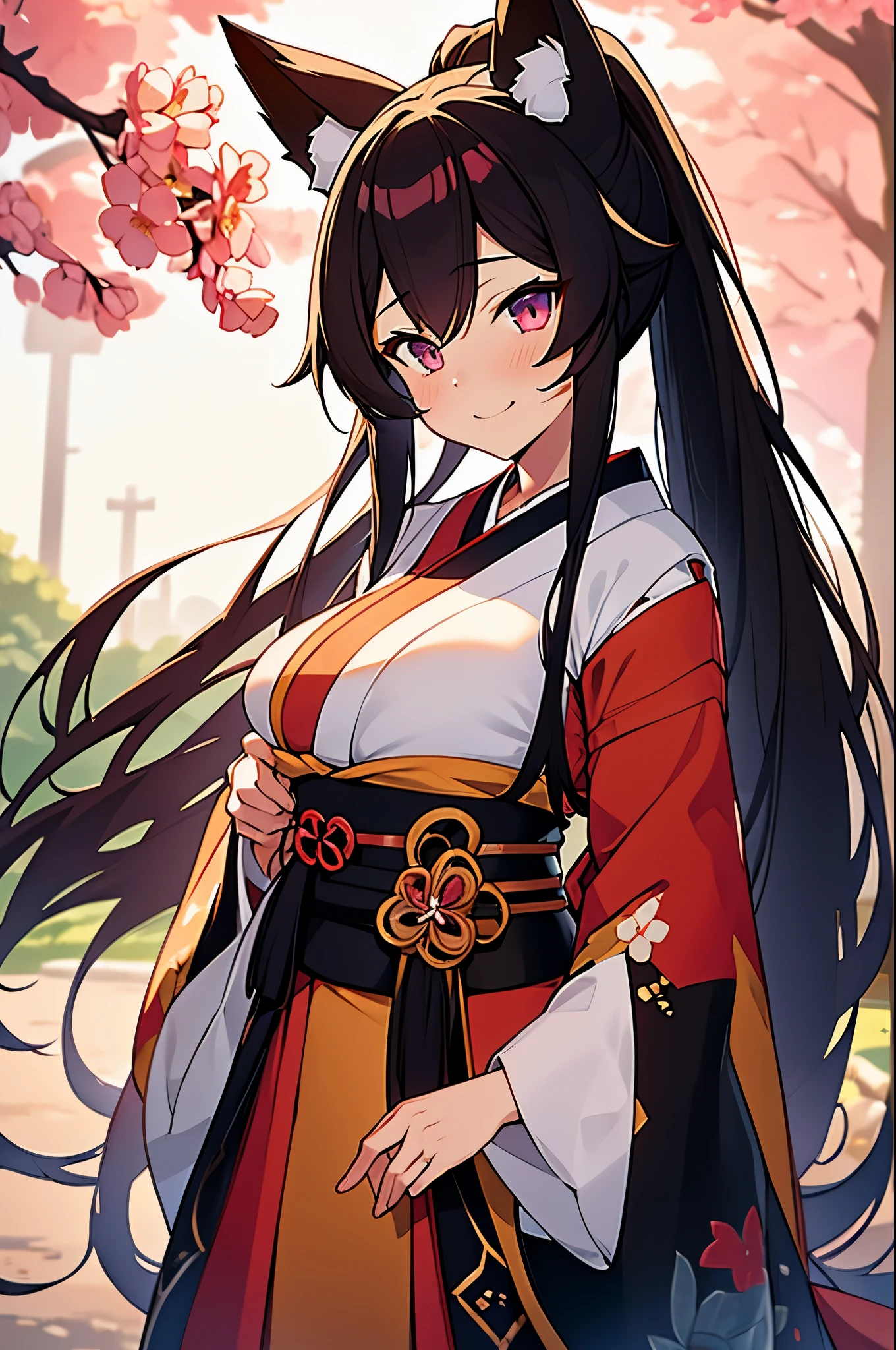 animal ears, 1girl,huge breast,dynamic angle,dutch angle, japanese clothes, kimono, long hair, fox ears, fang, purple eyes,wide sleeves, bangs, long sleeves, blush, sleeves past wrists, solo, sash, very long hair, looking at viewer, hagoromo, cloud, shawl, white kimono, obi, (fighting stance:1.2),fire, grin,long brown ponytail hair