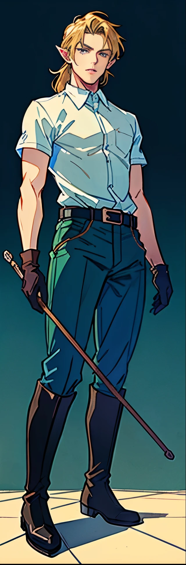 (highest resolution, distinct_image) best quality, a man, solo, masterpiece, highly detailed, anime look, color Manga Style, blonde hair, long wild hair, (23 years old:1.4), mature, tall strong,paladin,(luxury hotel room background:1.2), cold, serious, tall, handsome, powerful, demi-god, exquisite facial features, (full body)(combat_boots:1.4)(dark pants:1.3),( gloves:1.5)(long sleeves),solo,(looking at viewer),(from below:1.1)(head turned upwards:0.3)(smiling:0.4)(holding riding crop:1.2)(muscular:1.2),(black belt), (shirt tucked in pants),(standing on ground), (marble floor)(mean:0.4)(seductive:0.5)(evil:0.9),detailed,(abs:0.9)(bdsm Equipment),(Link:1.5),Warrior,knight,(white button-up shirt)(masculine face)