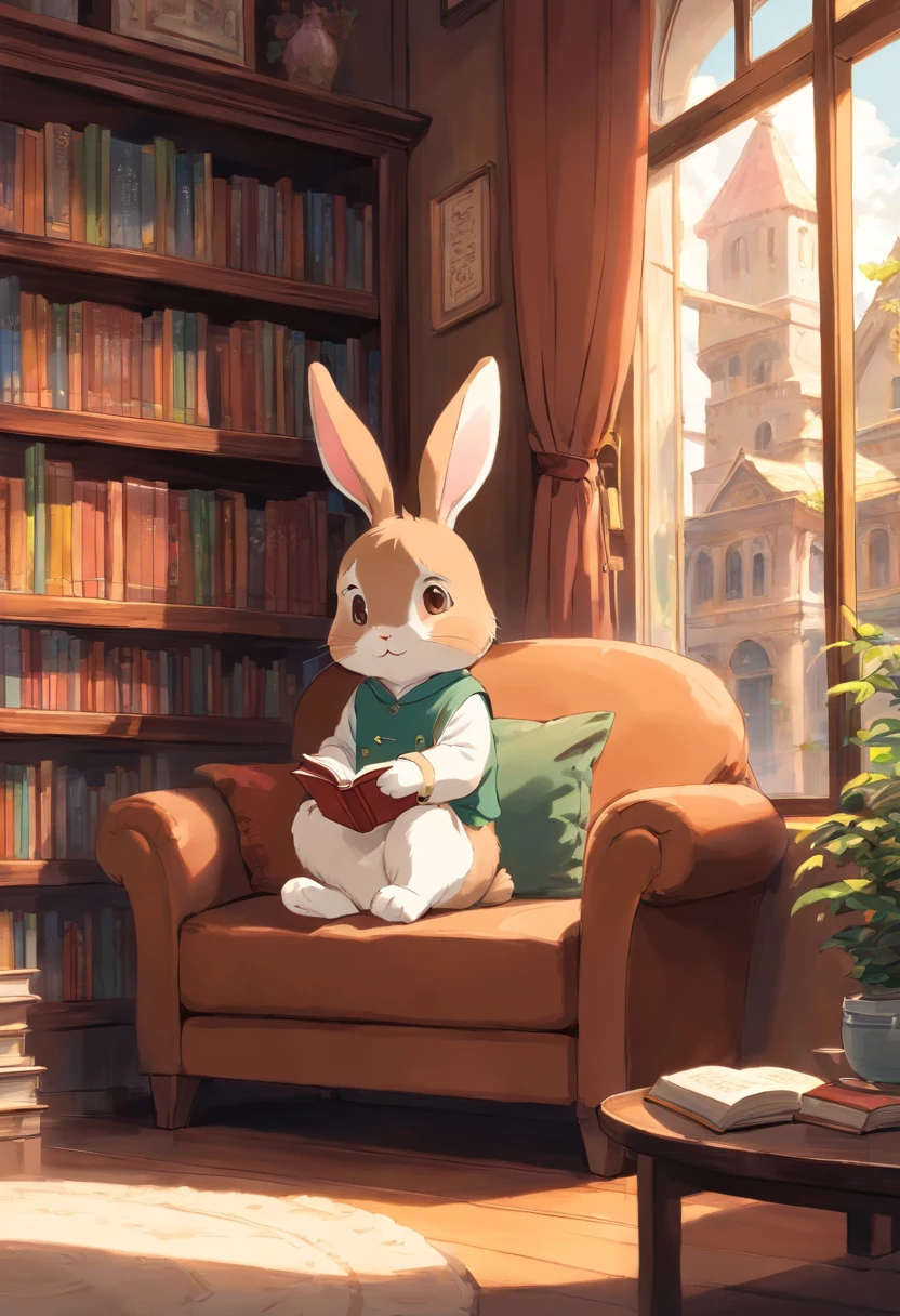 one cute brown and white rabbit with round eyes, on a library, reading sofa, View of the street outside the window.