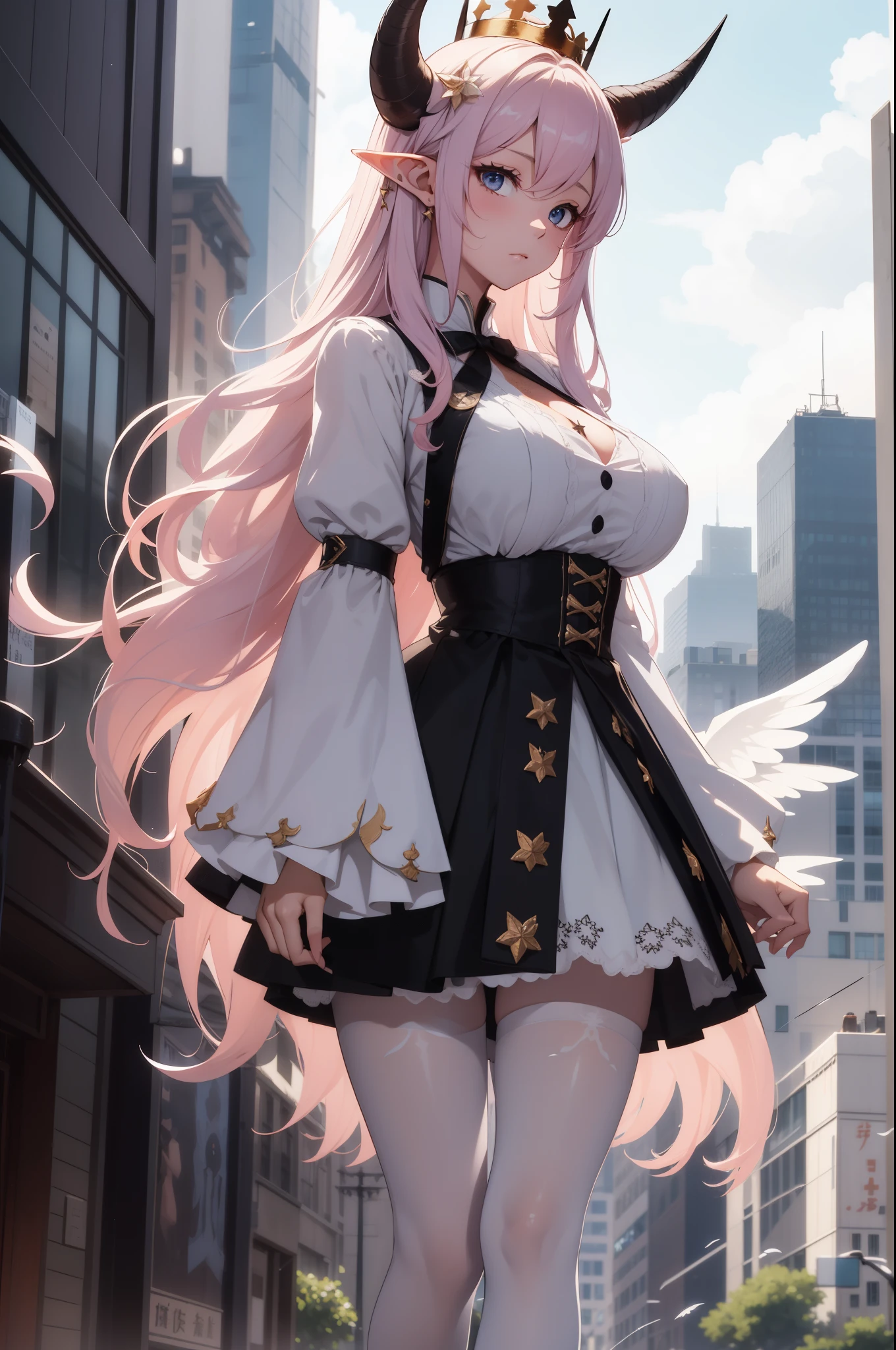 giant girl 50,000 feet high，Weight 1000kg，Has a pair of long legs，Open your eyes wide，Has three pairs of huge white angel wings，With huge devil horns on his head，crown on head，Elf wearing white earrings，She has long pink hair that reaches her feet，loose hair，Pink wavy long curly hair，Wearing a pair of black boots，White sleeves，Wearing white lace pantyhose，Pantyhose with bow and star decorations，白色蕾丝whole body，Standing on a tall building in the city，Destroying the city，Beautiful appearance，Exquisite makeup，quality，8k，高quality，Perfect proportion, Cinema lighting，film grain，Fuji colors，8k，textured skin，Super details，high detail，high resolution，charming，blood stains，脚底有blood stains，whole body，Obese，elf princess，feather，flowers