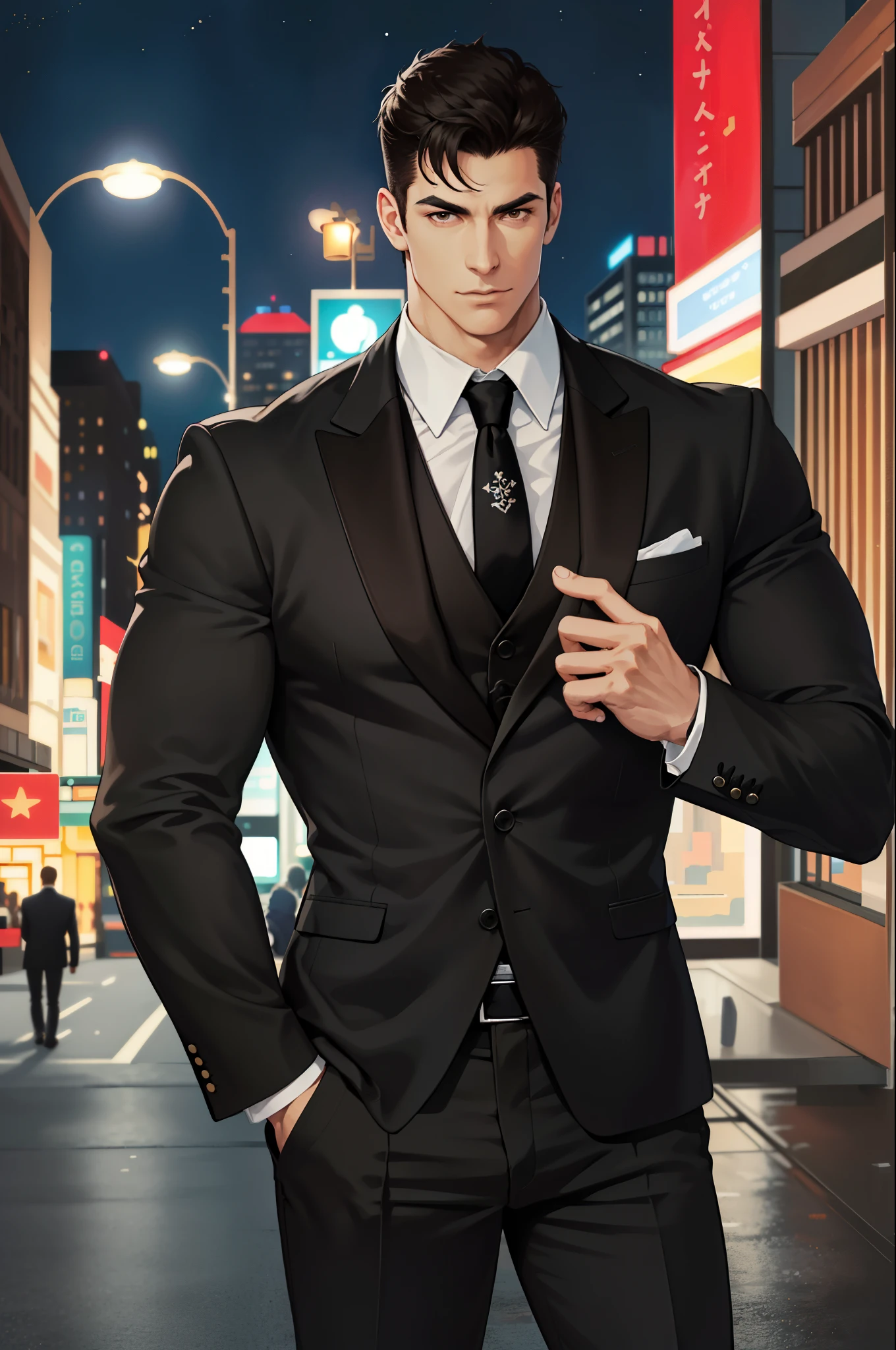 (ridiculous, high resolution, Super detailed, actual, ), 1 male, alone, aldult, Mature, tall muscular man, broad shoulders, Handsome, very short hair, black hair, brown eyes, square nail, thick neck, thick eyebrows, night, dark, the night view of the city background, formal suit, tie, Upper body