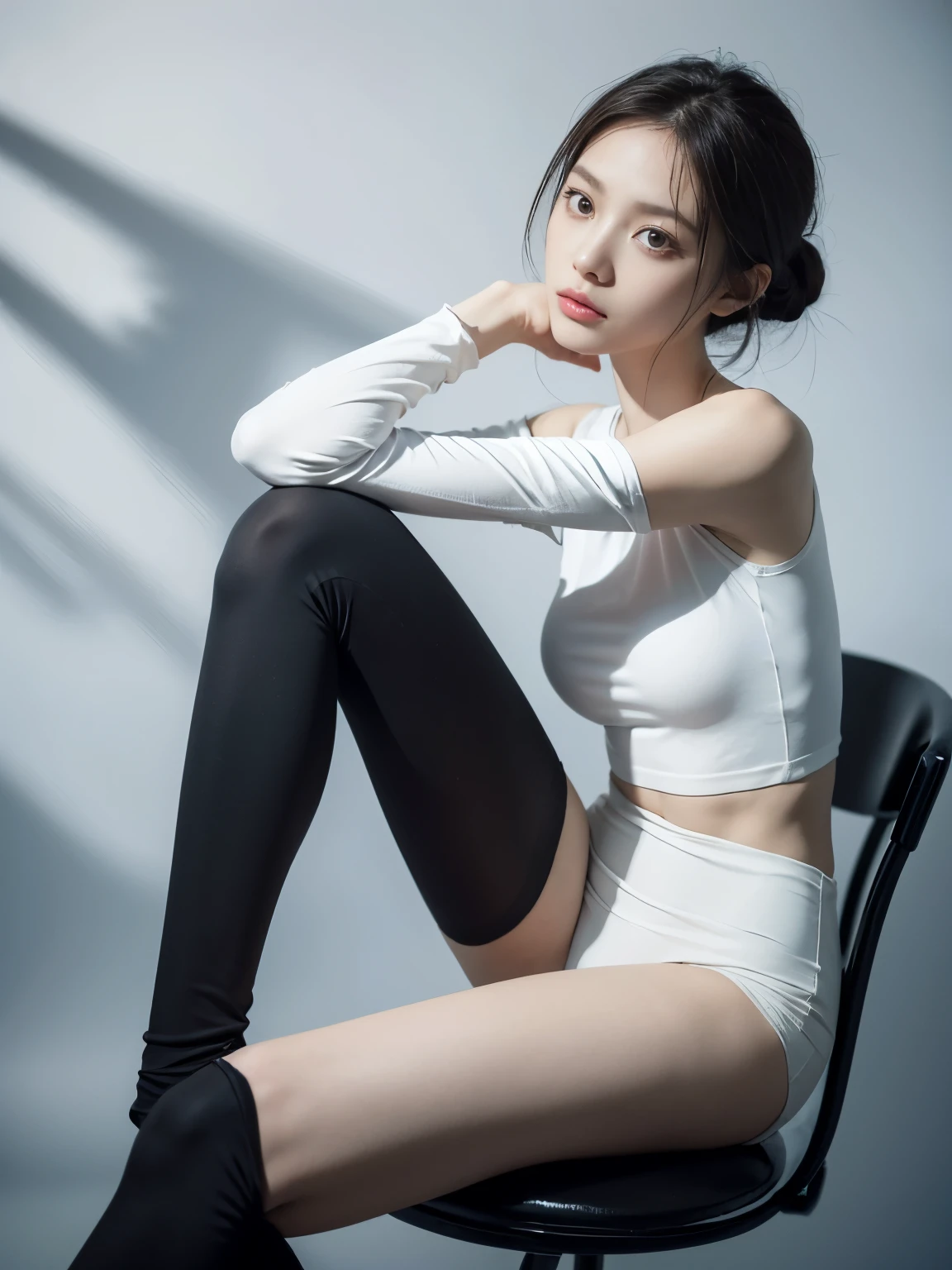 (Photorealistic),(Masterpiece),(ultra-detailed),a shot of very beautiful and tall but so delicate and weak and thin and fragile and slender because she hasn’t eaten for a month,wearing tight high waisted leggings and tight long sleeve top,have absolutely no fat or muscles, quite tall but very small and feeble and fragile body frame and figure,enduring extreme hunger,big eyes and very small face,about to faint but resisting,extremely severely malnourished,trying to stay positive,legs and waist thin as arms,hunger in eyes, sitting on a chair,can see all her bones
