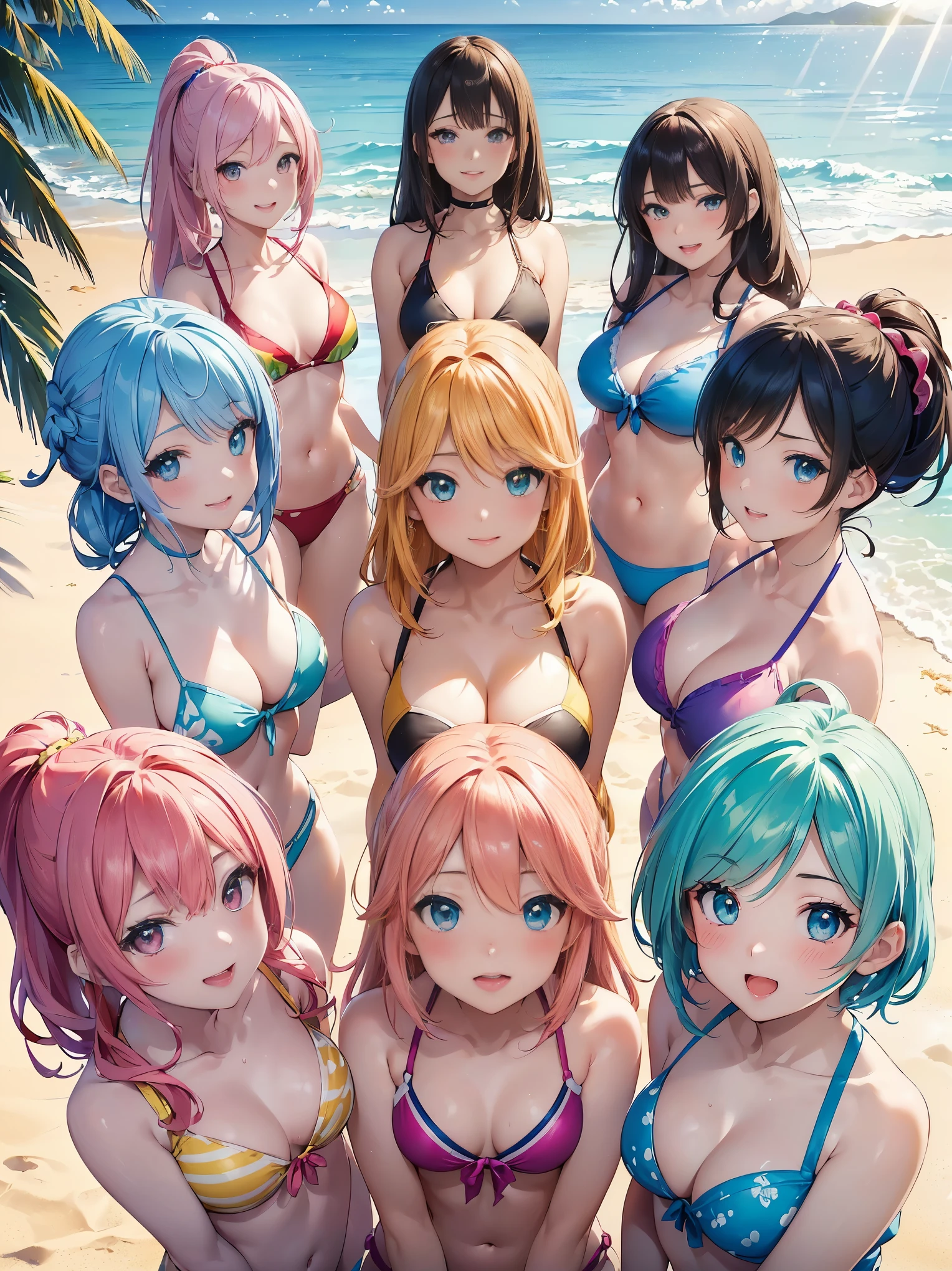 (anime screencap:1.2), (best quality, ultra-detailed, paintings, studio lighting, vivid colors, beautiful detailed eyes, beautiful detailed lips, (5 cute girls:1.3), ponytail style, (colorful eyes), (accessories), colorful bikinis, summer fun, beach side scene, (playful poses), joyful expressions, colorful background, warm sunlight, soft shadows, standing, ((from front)), smile, (blush),
