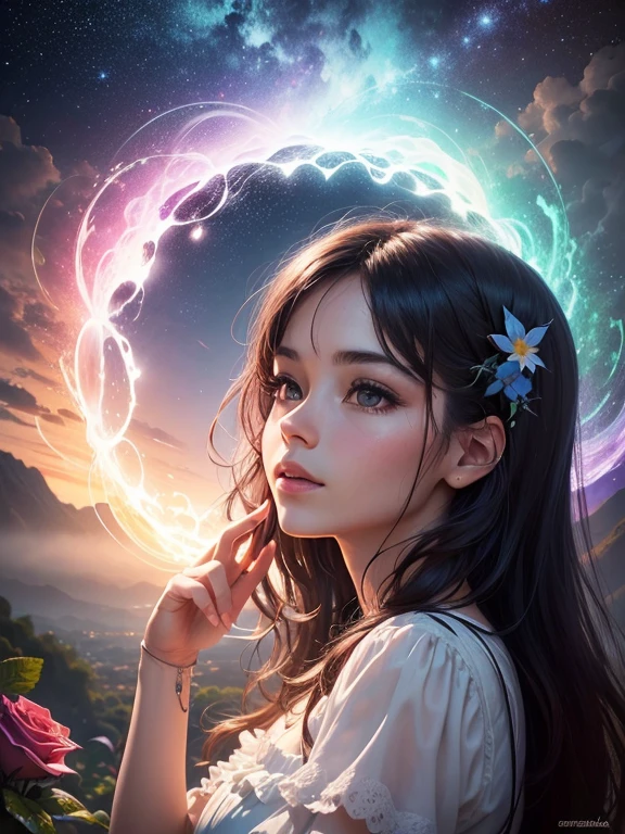 noche,mes,Rose Garden,Flores coloridas,mariposas bailando,como pintura,ethereal atmosphere,Colores vibrantes,Neblina,los cerezos,Film compositions,Magical dream,Vuelta Hoang,Efecto particula,Skysky,El espacio,cielo estrellado,Skysky,galaxias,profundidad de campos,Luz,Reallightandshadow,reflejos difusos,cascada,dreamy and capricious,Tranquilo y encantador,vibrante con colores,La pintura cobra vida,Totalmente fascinante y fascinante.,Simplemente impresionante.(Mejor calidad,4k,8k,A high resolution,obra maestra:1.2),ultra detallado,(Realista,fotorrealista,fotorrealista:1.37),