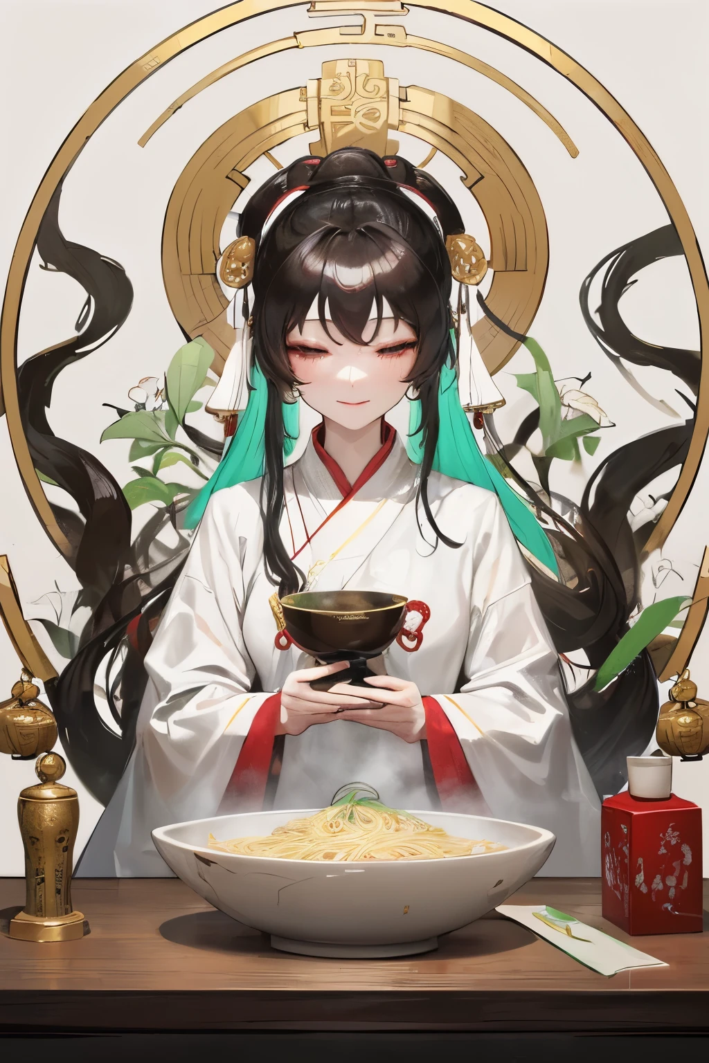In the serene and tranquil atmosphere of the ancient Chinese dojo, Guanyin Bodhisattva continues to draw a larger bowl of longevity noodles. With the graceful movement of her long, slender fingers, she skillfully adds more noodles to the already overflowing bowl, a small smile playing at the corners of her pale white, deeply lined face. Her white silk robe and legwear, adorned with white ribbons, contrast sharply against the simple, minimalist background of the dojo. Guanyin's black pupils, reflecting the wisdom of countless lifetimes, are completely focused on the task at hand.

With each addition of nood