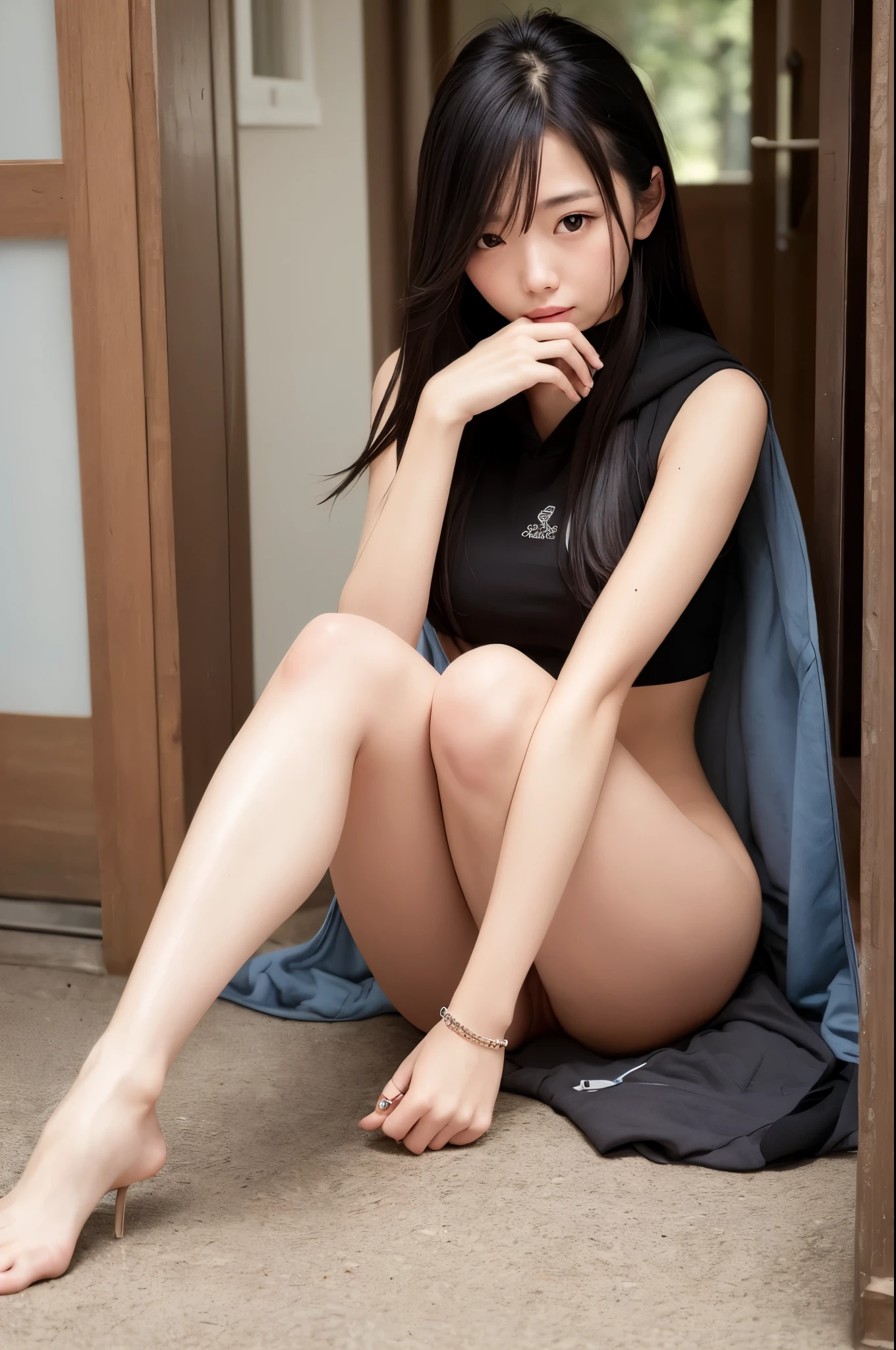 Sadakoは不気味さと恐怖を醸し出す独特の雰囲気を持っています。Sadako、flat ?????:1.5、enchanting smile:1.5,long black hair that hides the eyes:1.5、The exterior is eerie and attractive、???? and bewitching legs and beautiful ??????? are attractive。spread、Sweaty ??????、wet ??????、Touched hair、濡れwet ??????、seductive angles、spread your legs、Delicate girl with beautiful details、colorful、finely、detailed lips、intricate details、(1 female:1.5) (Gorgeous beautiful ???? Korean woman:1.1) alone、Viewers looking up、happy smile、model girl、choker、(hoodie、hood)、Asian_street style、Asian Traditional House、elegant(50mm sigma f / 1.4 ZEISS lenses 1.4、1/800 seconds、ISO is 100、photograph:1.1) (realistic:1.1)Lens flare、pieces fly