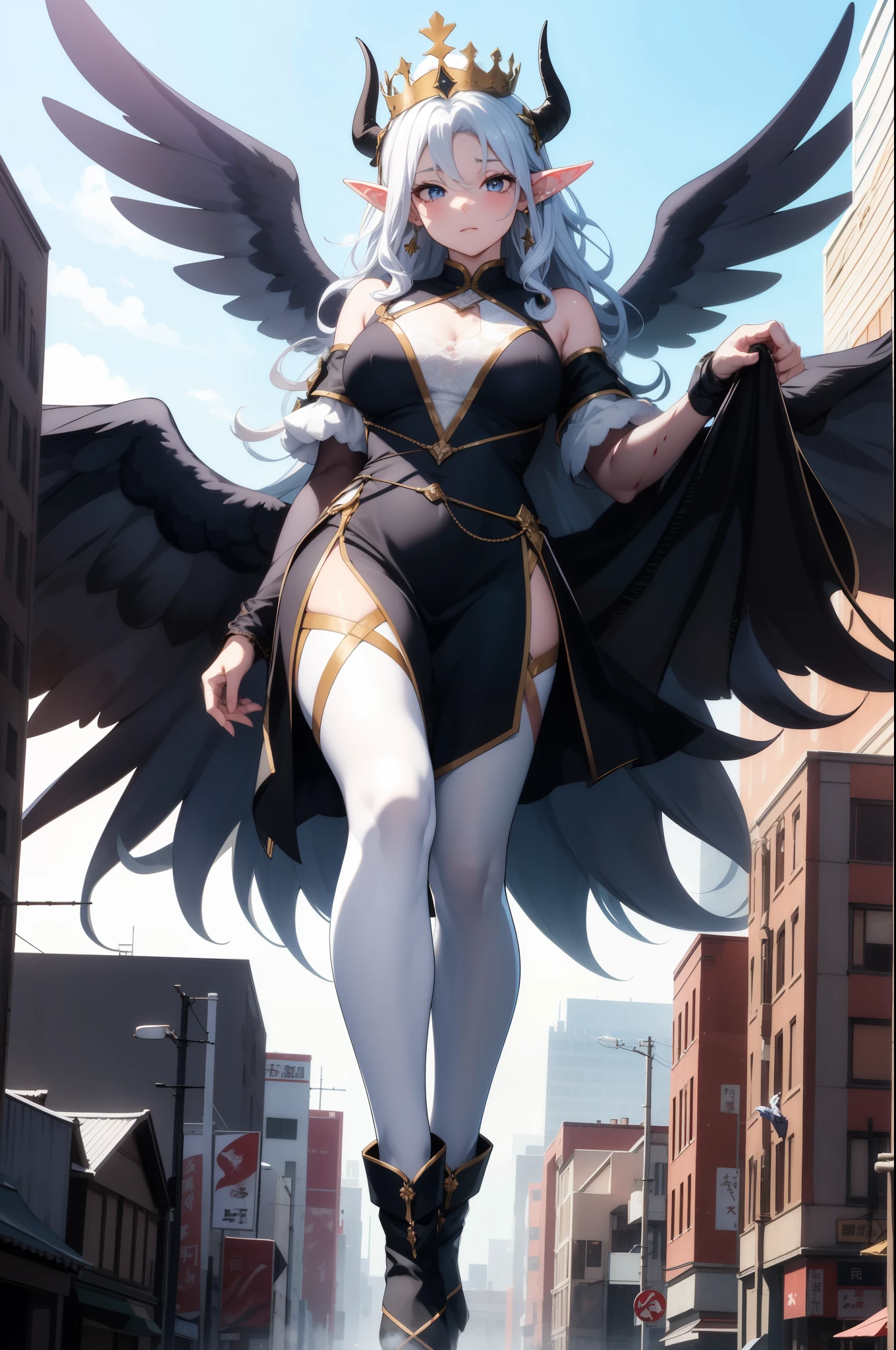 giant girl 50,000 feet high,Weight 1000kg,Has a pair of long legs,Open your eyes wide,Has three pairs of huge white angel wings,With huge devil horns on his head,crown on head,Elf wearing white earrings,She has long pink hair that reaches her feet,loose hair,Pink wavy long curly hair,Wearing a pair of black boots,White sleeves,Wearing white lace pantyhose,Pantyhose with bow and star decorations,白色蕾丝whole body,Standing on a tall building in the city,Destroying the city,Beautiful appearance,Exquisite makeup,quality,8k,高quality,Perfect proportion, Cinema lighting,film grain,Fuji colors,8k,textured skin,Super details,high detail,high resolution,charming,blood stains,脚底有blood stains,whole body,Obese,elf princess,feather,flowers