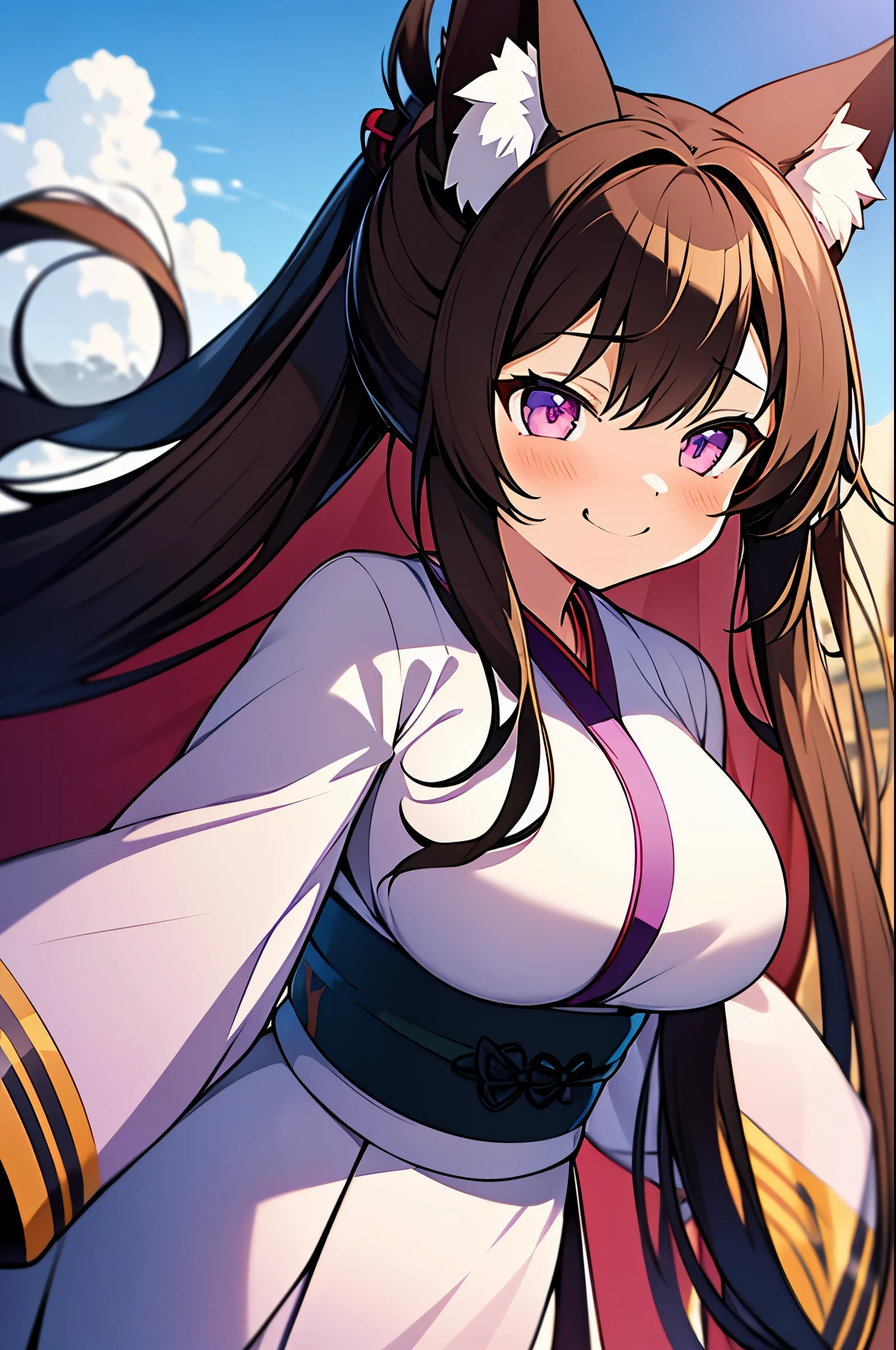 animal ears, 1girl,huge breast,dynamic angle,dutch angle, japanese clothes, kimono, long hair, fox ears, fang, purple eyes,wide sleeves, bangs, long sleeves, blush, sleeves past wrists, solo, sash, very long hair, looking at viewer, hagoromo, cloud, shawl, white kimono, obi, (fighting stance:1.2),fire, grin,long brown ponytail hair