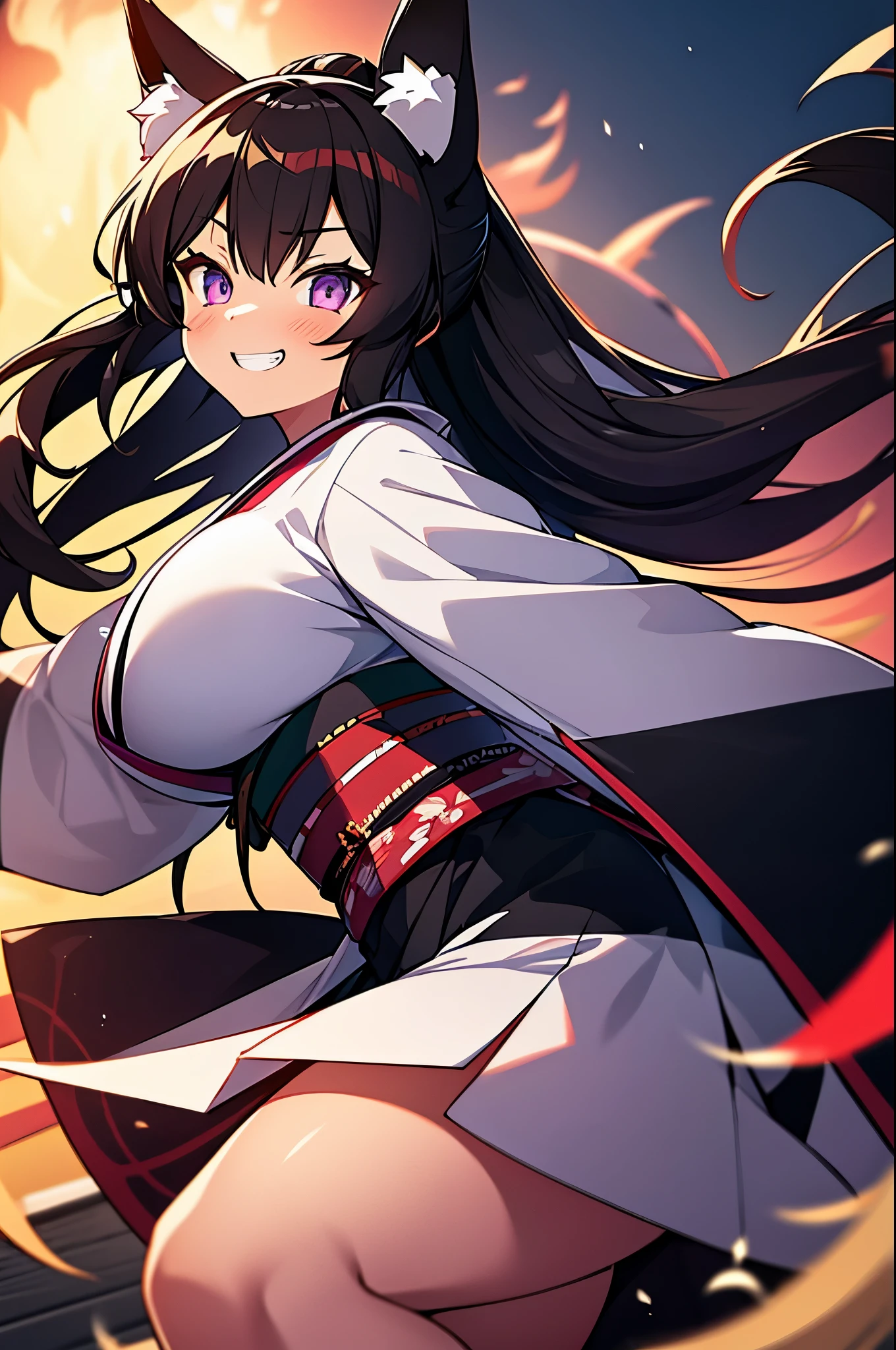 animal ears, 1girl,huge breast,dynamic angle,dutch angle, japanese clothes, kimono, long hair, fox ears, fang, purple eyes,wide sleeves, bangs, long sleeves, blush, sleeves past wrists, solo, sash, very long hair, looking at viewer, hagoromo, cloud, shawl, white kimono, obi, (fighting stance:1.2),fire, grin,long brown ponytail hair