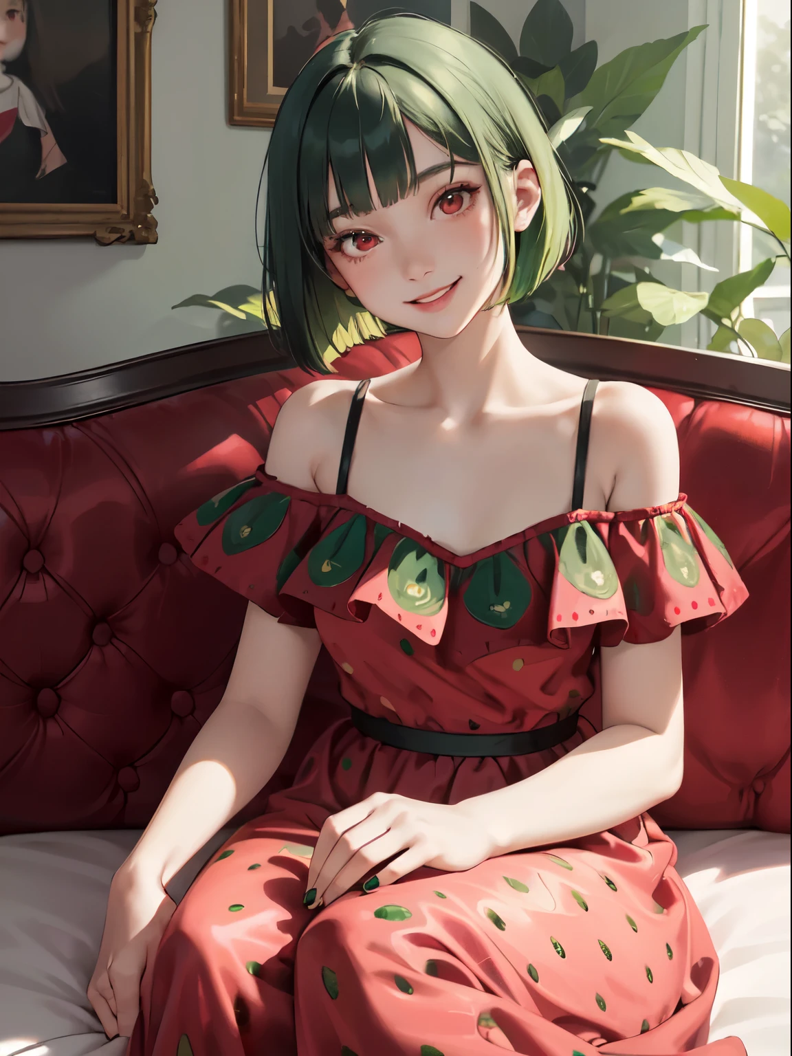 1 female, alone, young girl, 16 years old, bob cut green hair, dull bangs, red eyes, (smile), (Masterpiece quality:1.2) delicate illustrations, super detailed, medium breasts, ((whole body)), (Strawberry-patterned dress), living room