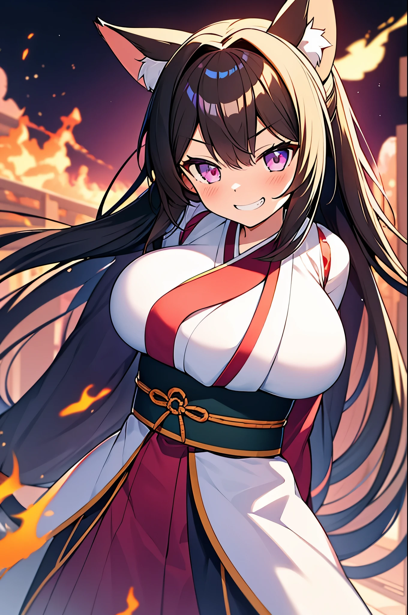animal ears, 1girl,huge breast,dynamic angle,dutch angle, japanese clothes, kimono, long hair, fox ears, fang, purple eyes,wide sleeves, bangs, long sleeves, blush, sleeves past wrists, solo, sash, very long hair, looking at viewer, hagoromo, cloud, shawl, white kimono, obi, (fighting stance:1.2),fire, grin,long brown ponytail hair