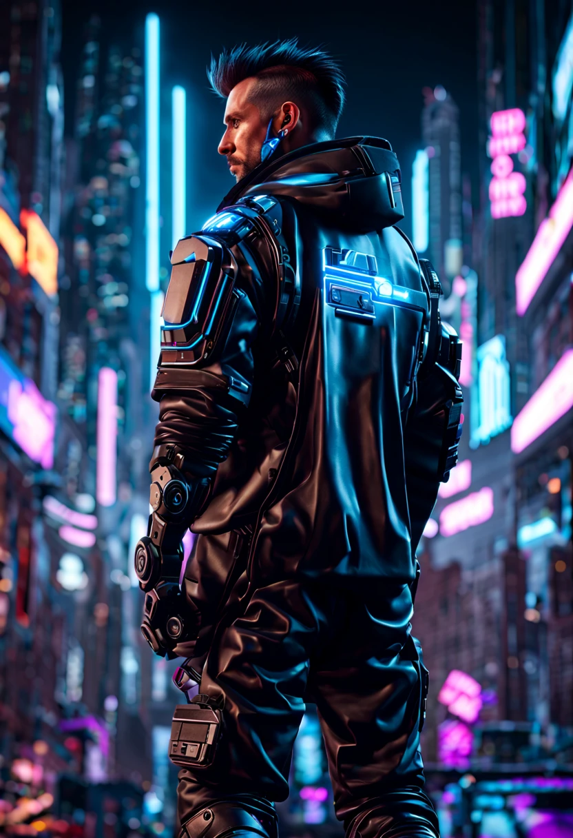 Generate a hyperrealistic 4K image of a cyberpunk guy protagonist navigating a futuristic cityscape. Emphasize detailed, professional-grade 3D rendering with HDR effects and UHD resolution. The character should be intricately designed with cybernetic enhancements, wearing cutting-edge futuristic attire. The cityscape should feature advanced technologies, neon lights, and a mix of realistic and imaginative elements. Utilize Unreal Engine v5 or similar software for realistic rendering, ensuring the final image exudes a photorealistic quality. Explore high-resolution textures, hyper-detailed facial expressions, and employ techniques reminiscent of Midjourney, Stable Diffusion, and Leonardo AI styles. Capture the essence of a hyper-detailed, immersive cyberpunk world through this visual narrative.