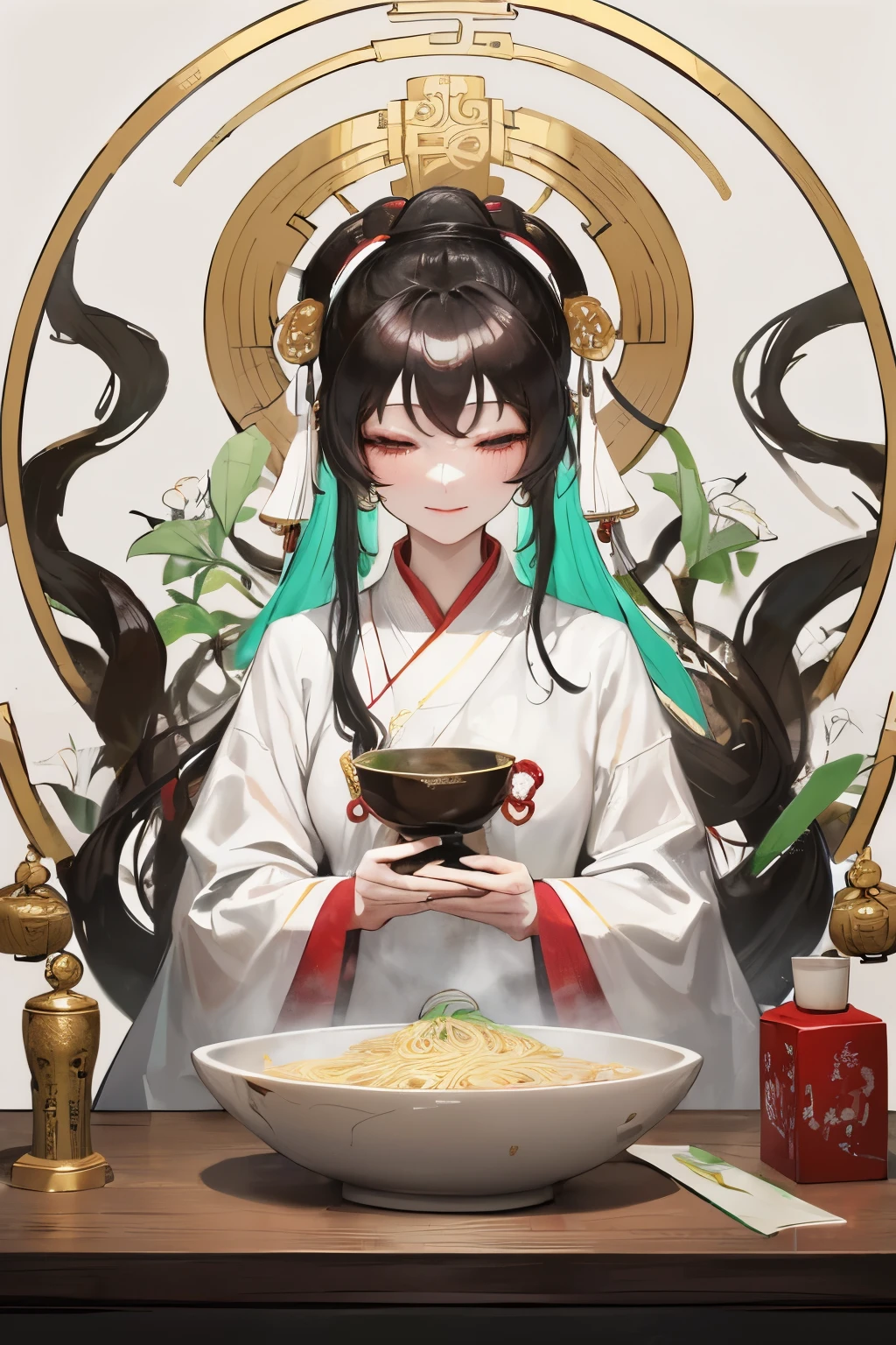 In the serene and tranquil atmosphere of the ancient Chinese dojo, Guanyin Bodhisattva continues to draw a larger bowl of longevity noodles. With the graceful movement of her long, slender fingers, she skillfully adds more noodles to the already overflowing bowl, a small smile playing at the corners of her pale white, deeply lined face. Her white silk robe and legwear, adorned with white ribbons, contrast sharply against the simple, minimalist background of the dojo. Guanyin's black pupils, reflecting the wisdom of countless lifetimes, are completely focused on the task at hand.

With each addition of nood