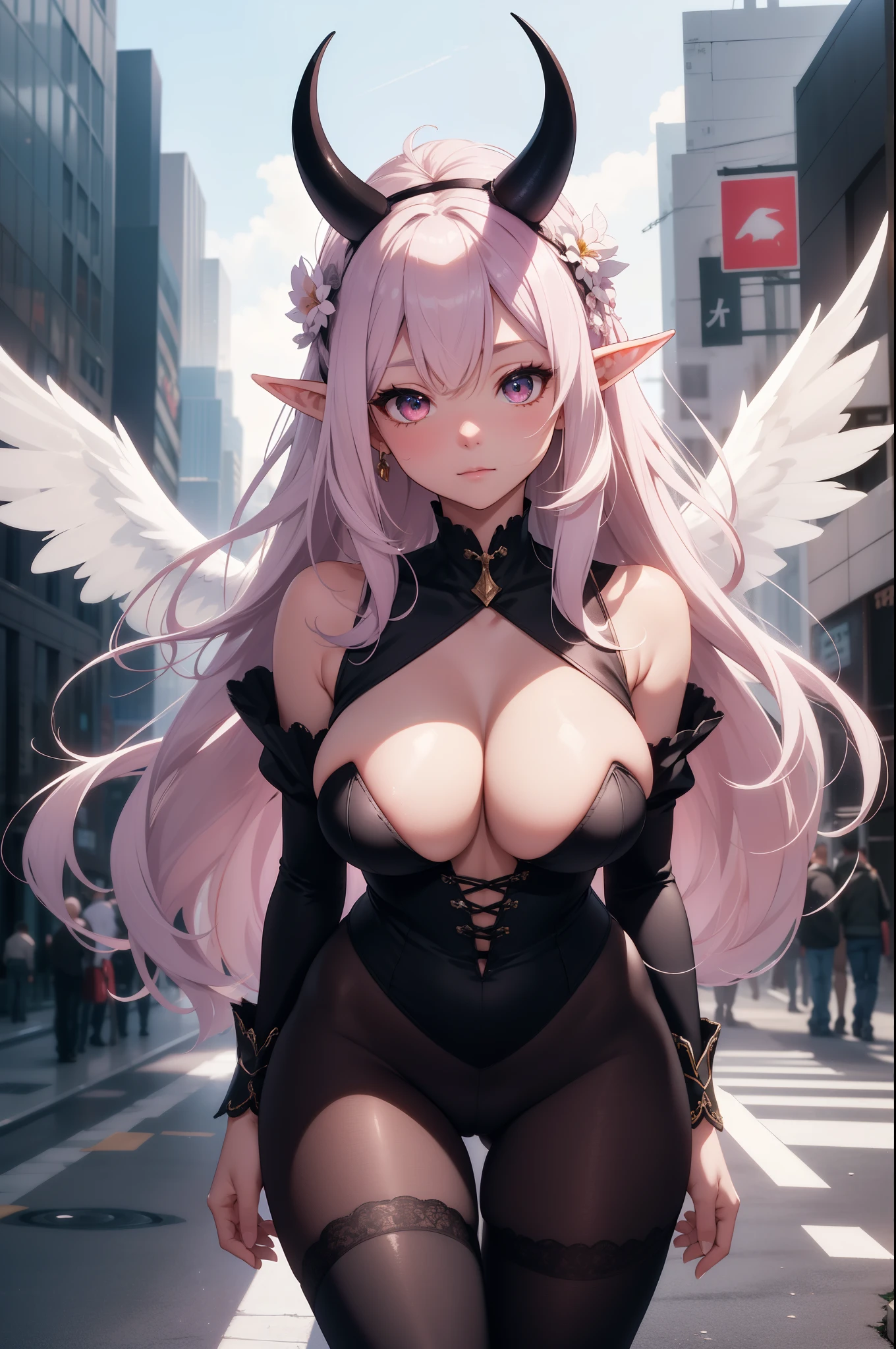 giant girl 50,000 feet high，Weight 1000kg，Has a pair of long legs，Open your eyes wide，Has three pairs of huge white angel wings，With huge devil horns on his head，crown on head，Elf wearing white earrings，She has long pink hair that reaches her feet，loose hair，Pink wavy long curly hair，Wearing a pair of black boots，White sleeves，Wearing white lace pantyhose，Pantyhose with bow and star decorations，白色蕾丝whole body，Standing on a tall building in the city，Destroying the city，Beautiful appearance，Exquisite makeup，quality，8k，高quality，Perfect proportion, Cinema lighting，film grain，Fuji colors，8k，textured skin，Super details，high detail，high resolution，charming，blood stains，脚底有blood stains，whole body，Obese，elf princess，feather，flowers